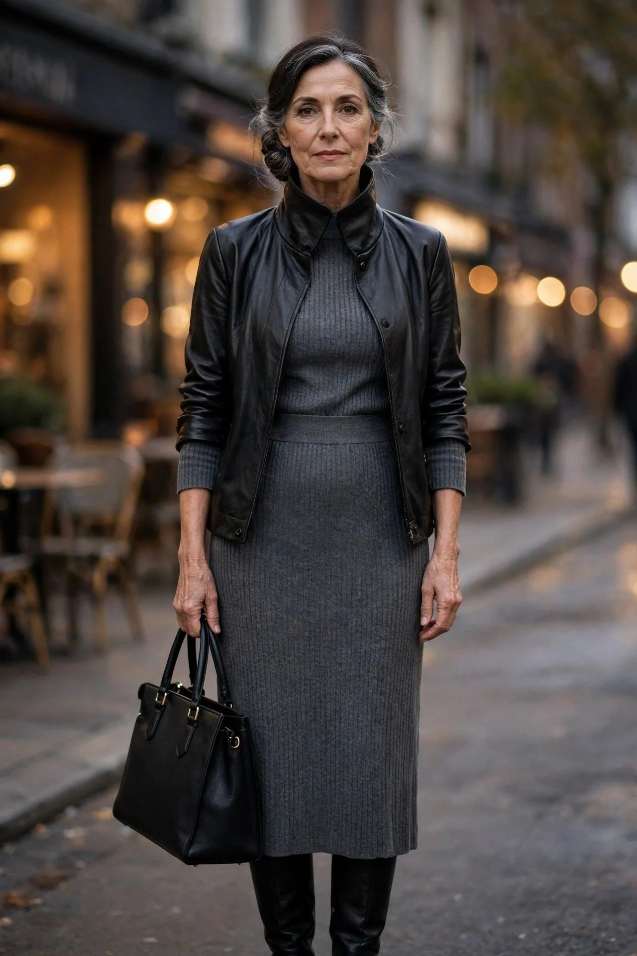 Stylish mature woman layering a black leather jacket over a charcoal knit dress with tall boots.