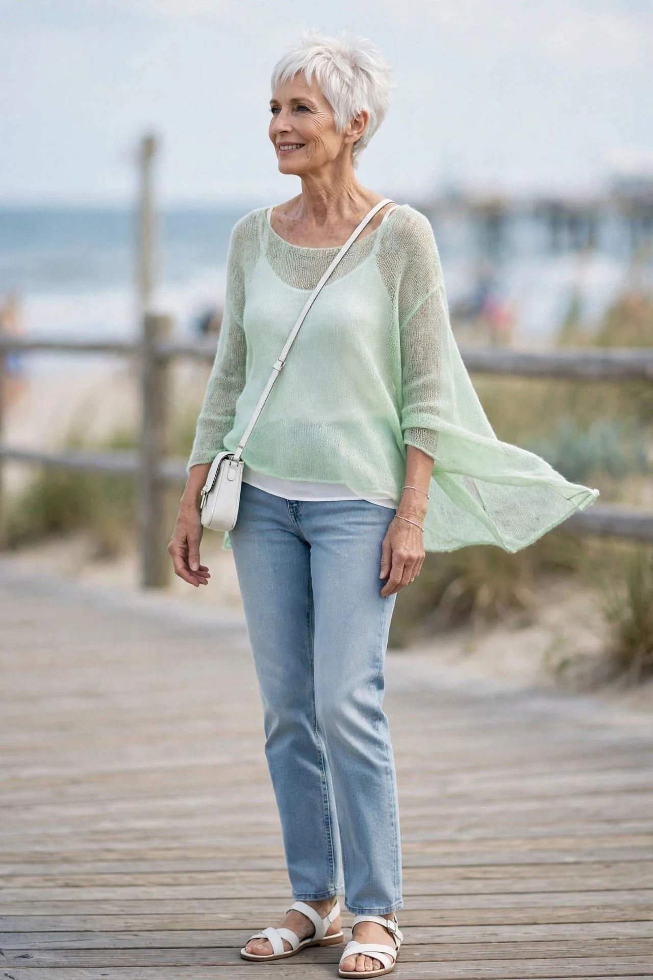 Youthful woman in a seafoam-green airy knit, white tank and pale jeans by the sea — light casual outfits for spring 2026 color trends.