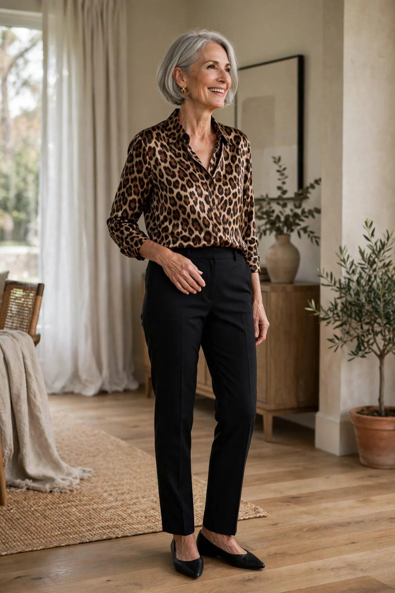 Leopard Print Blouse + Black Trousers