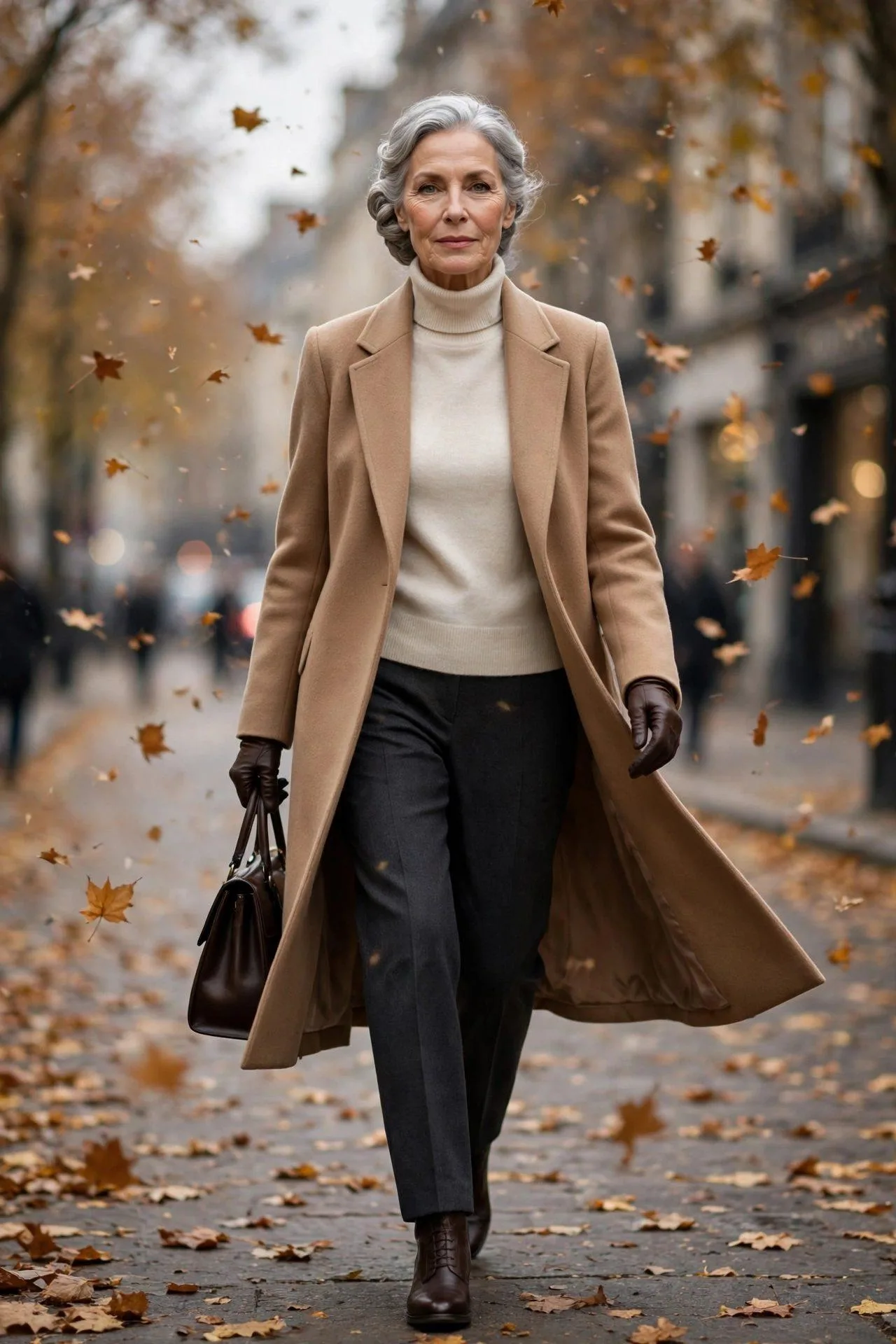Distinguished older woman wrapped in camel wool overcoat with cream knit