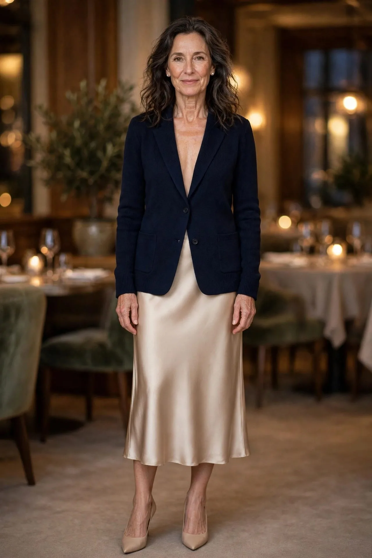 Woman over 50 in navy sweater blazer with oatmeal silk skirt at theater