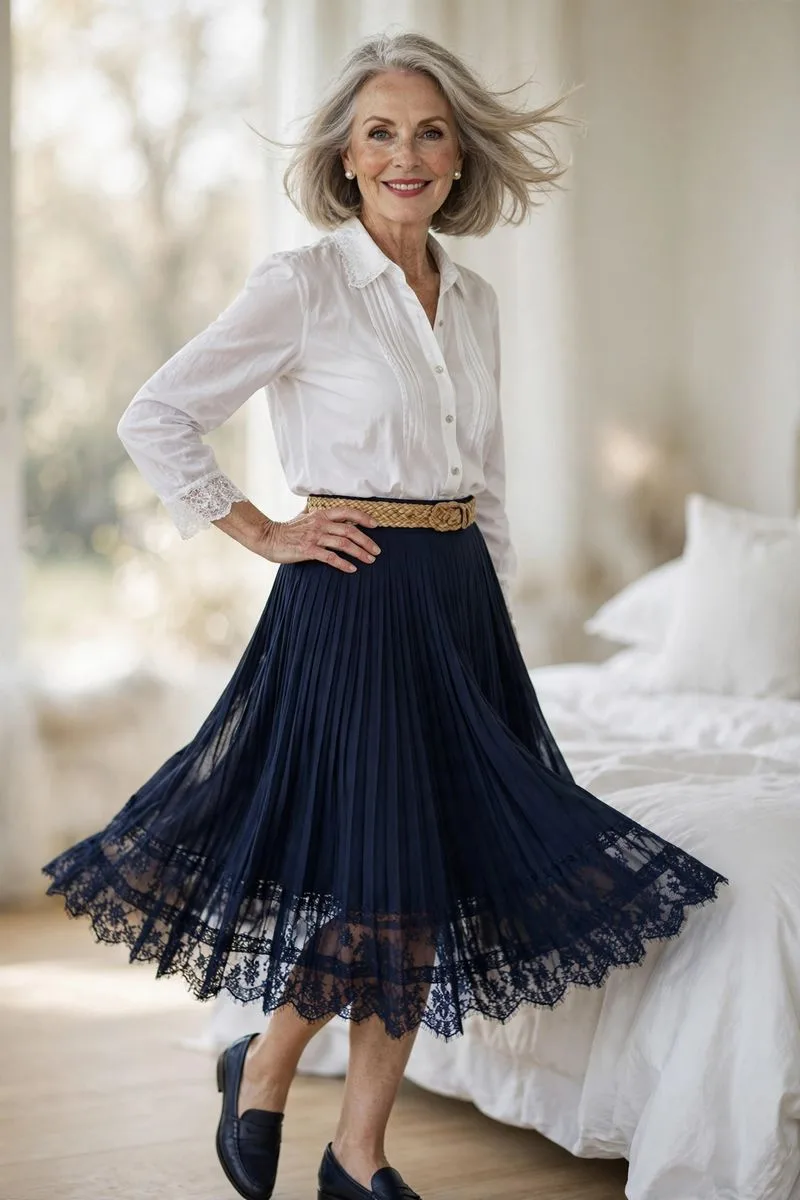 Smiling silver-haired woman smoothing fresh white bedding in a bright serene bedroom.