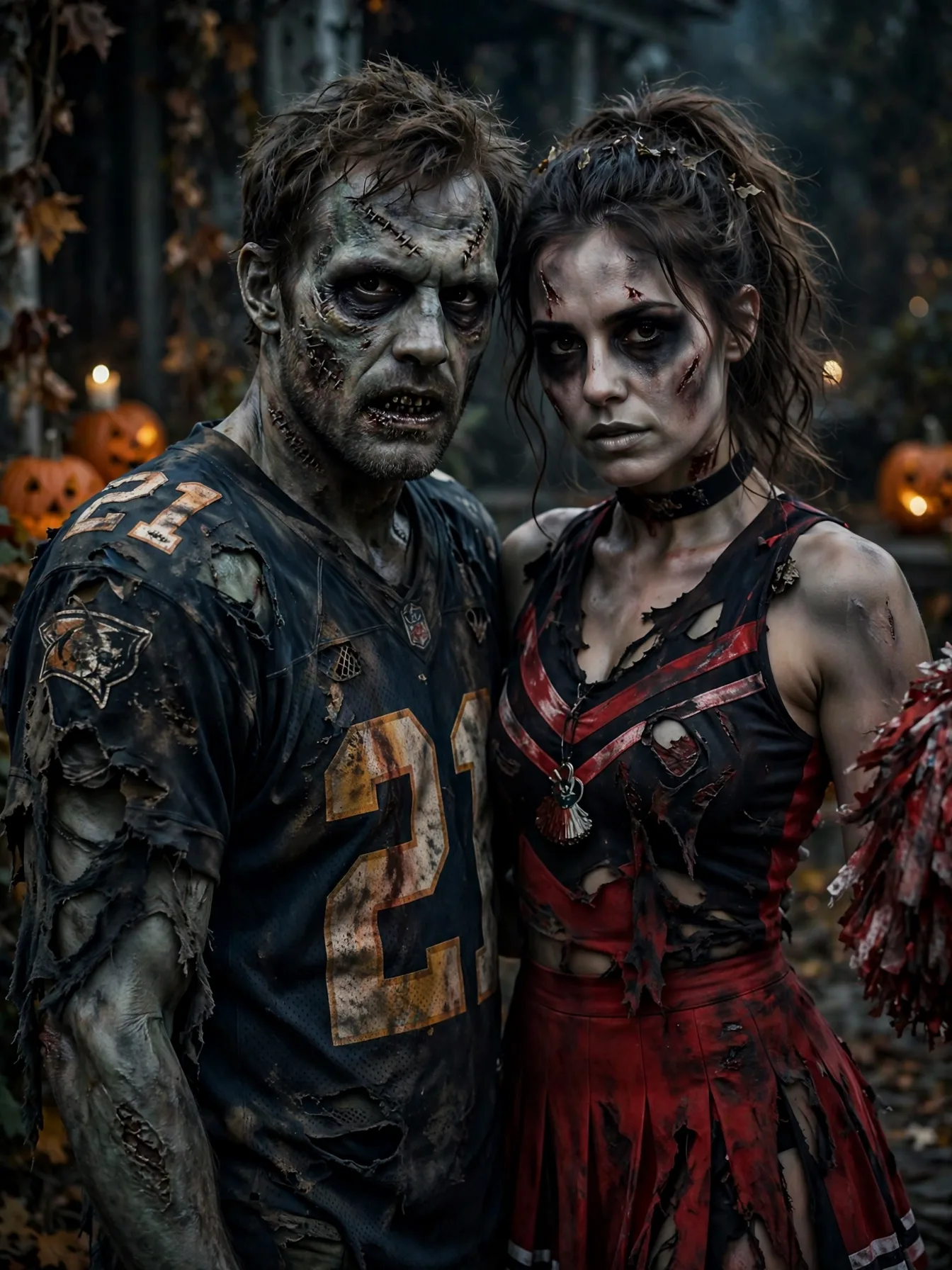 A zombie football player and cheerleader with torn uniforms and scary makeup.