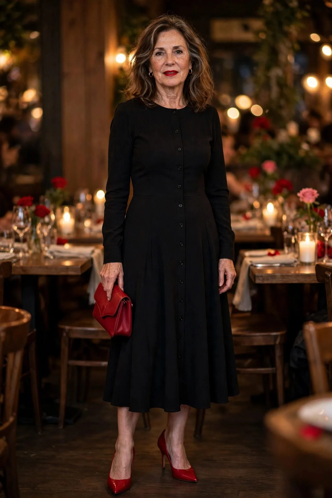 Elegant woman in black midi dress with red heels and clutch