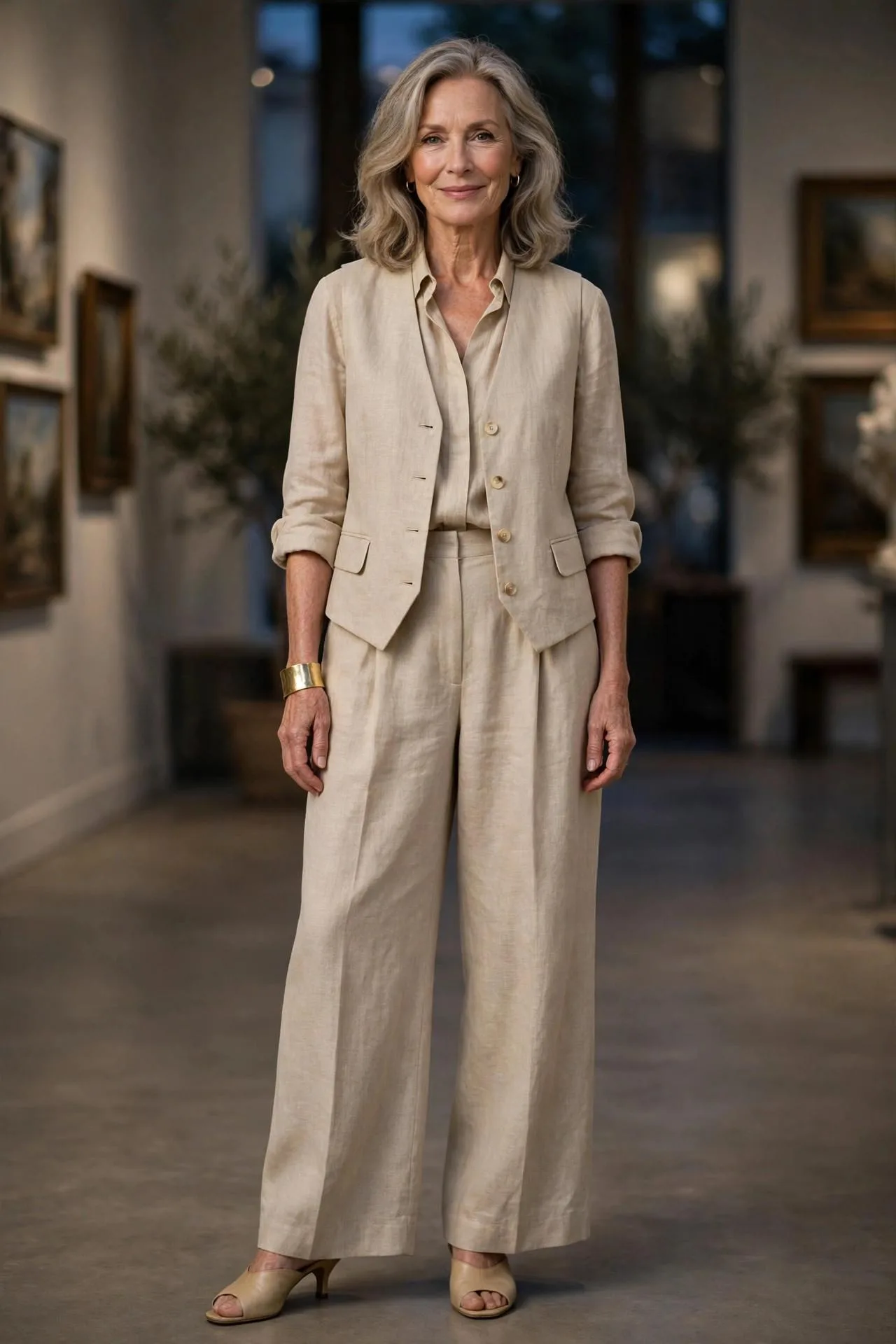 Distinguished older woman wearing tailored sand linen waistcoat with palazzos