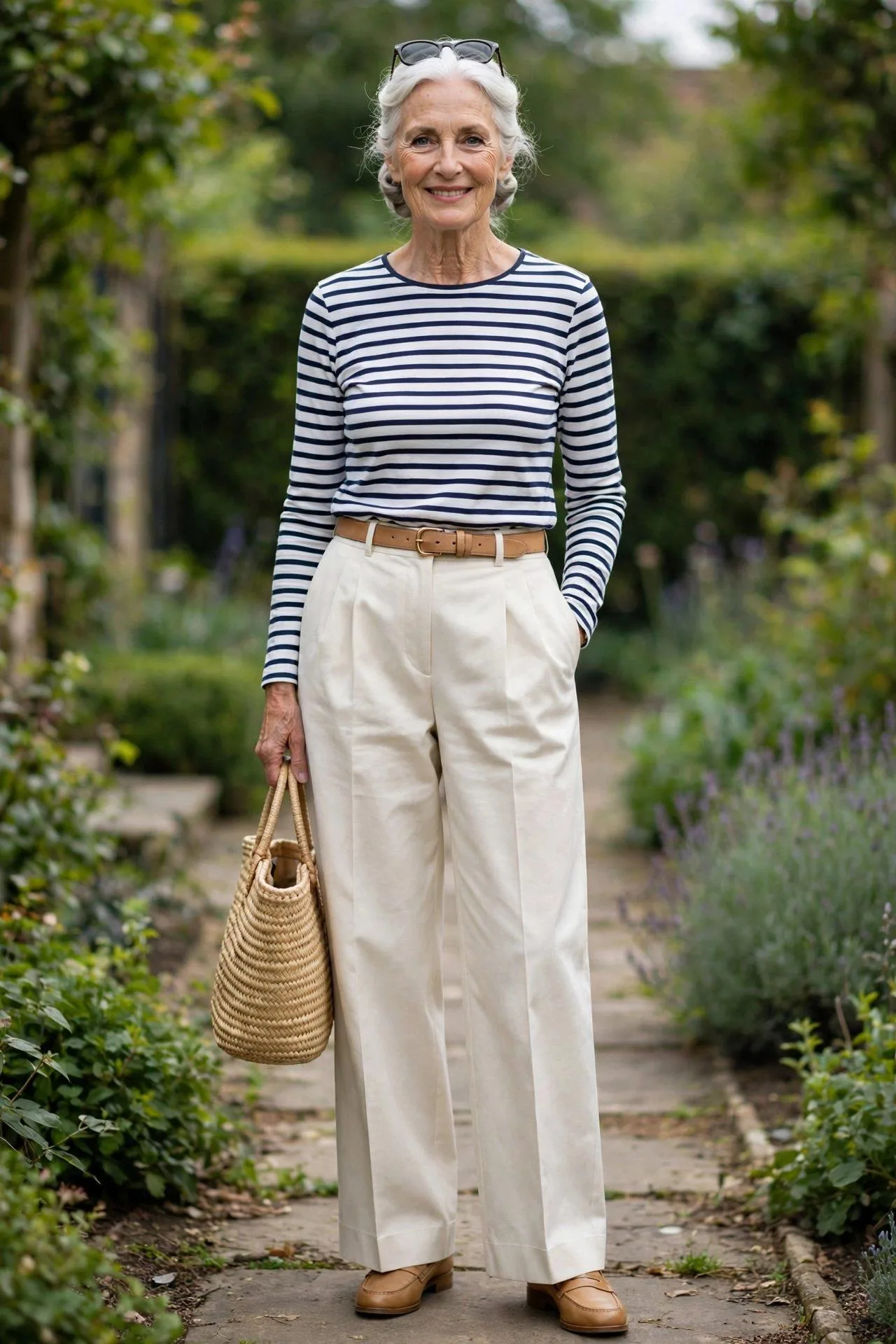 White Wide-Leg + Striped Breton Tee