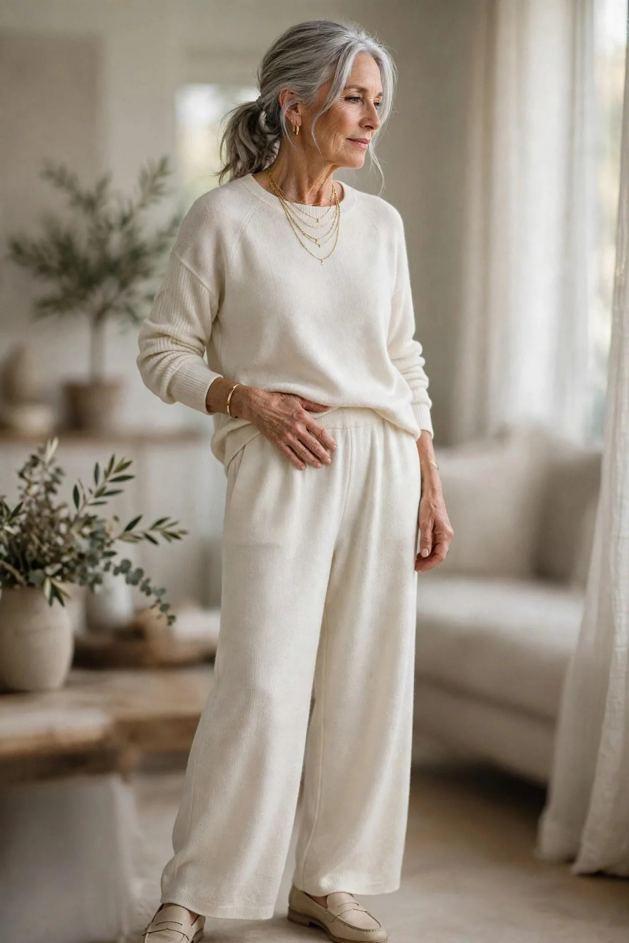 Silver-haired woman dressed head-to-toe in soft white knit separates with delicate gold necklaces — minimalist wardrobe essentials and timeless clothes for women.
