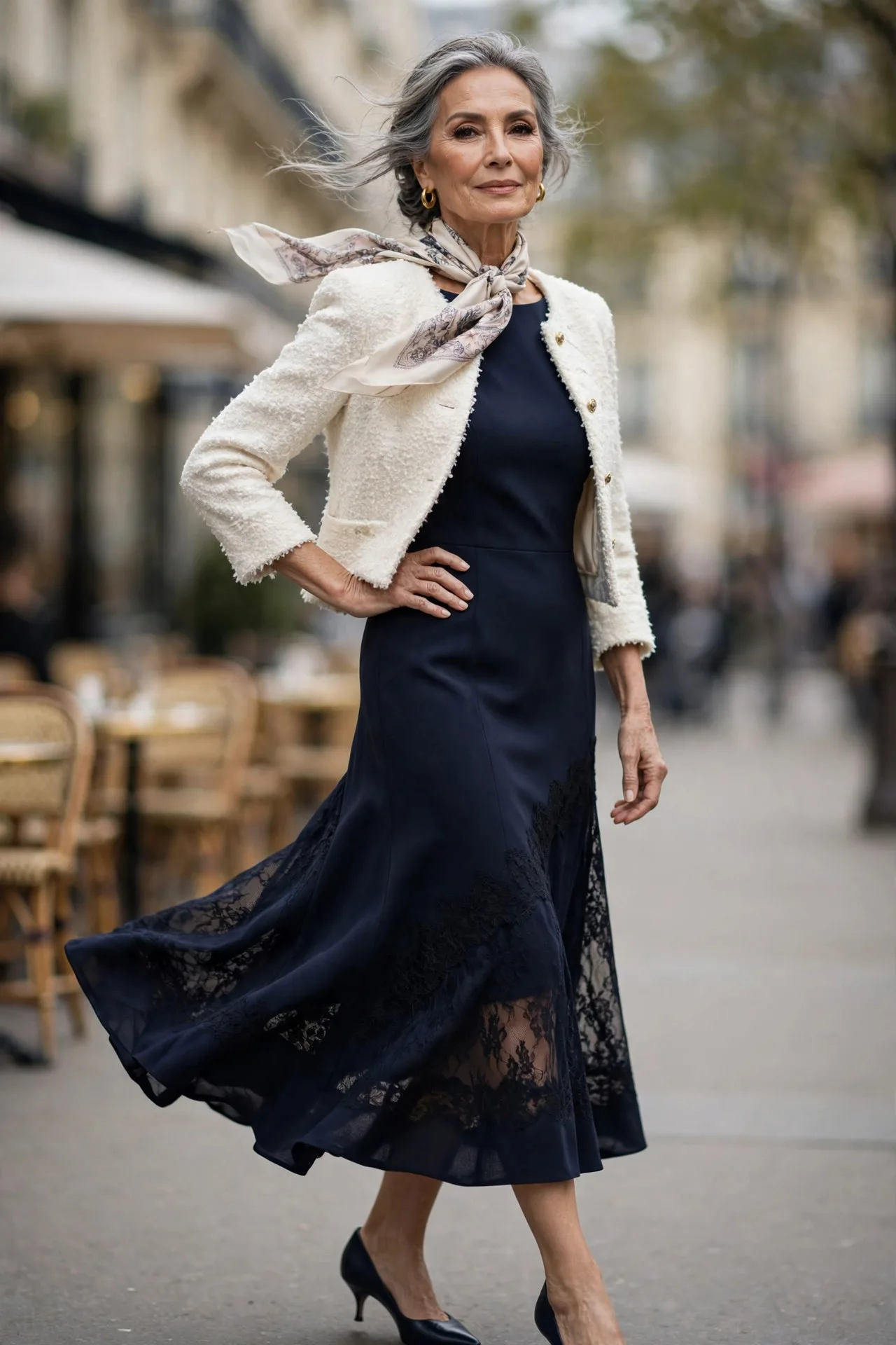 Sculpted Sheath Sophistication — A navy ponte sheath dress with a bateau neckline, layered under a cropped ivory bouclé jacket, with kitten-heel pumps and a silk scarf at the neck.