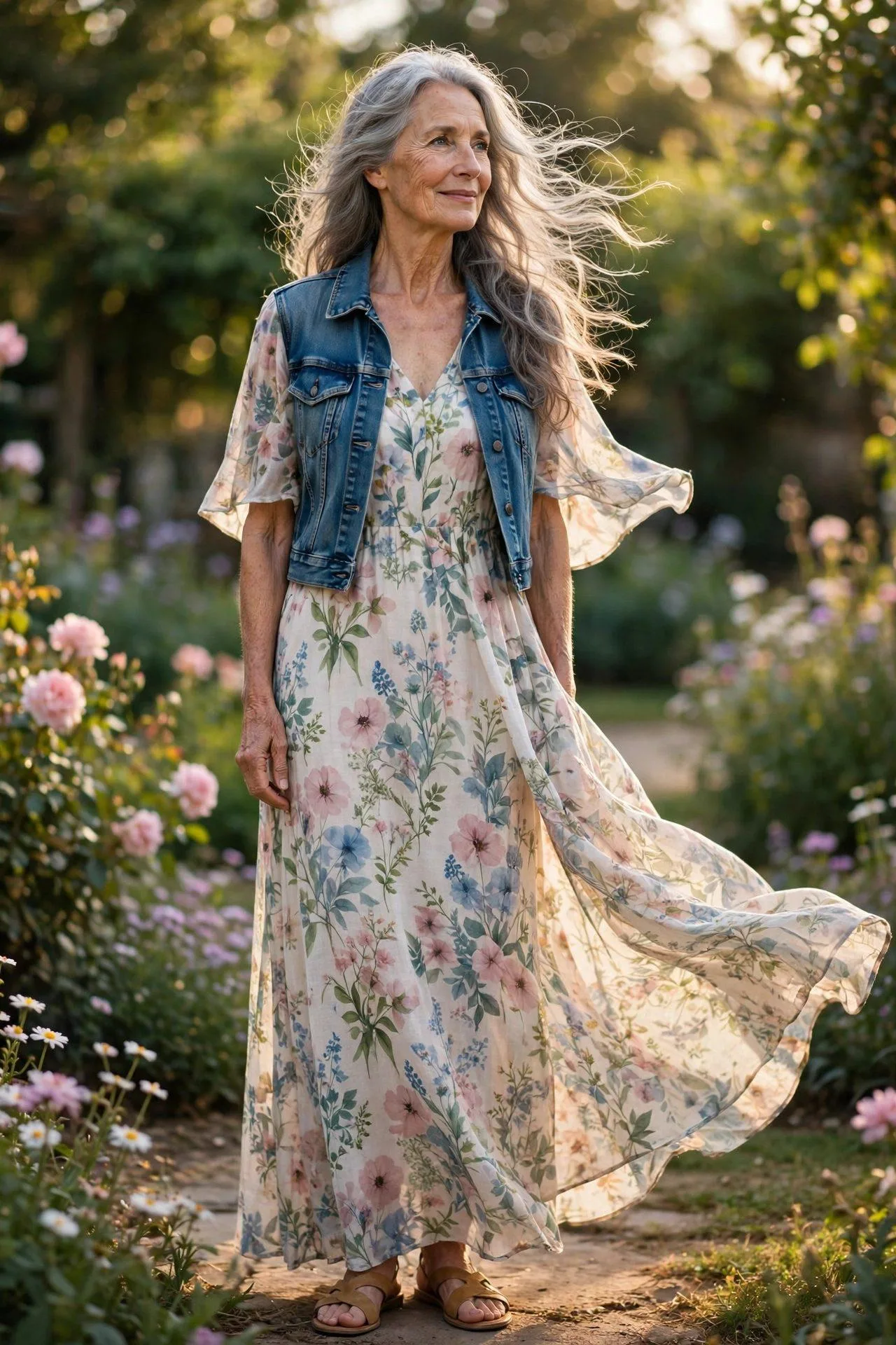 Older lady in romantic floral maxi dress topped with cropped jean jacket