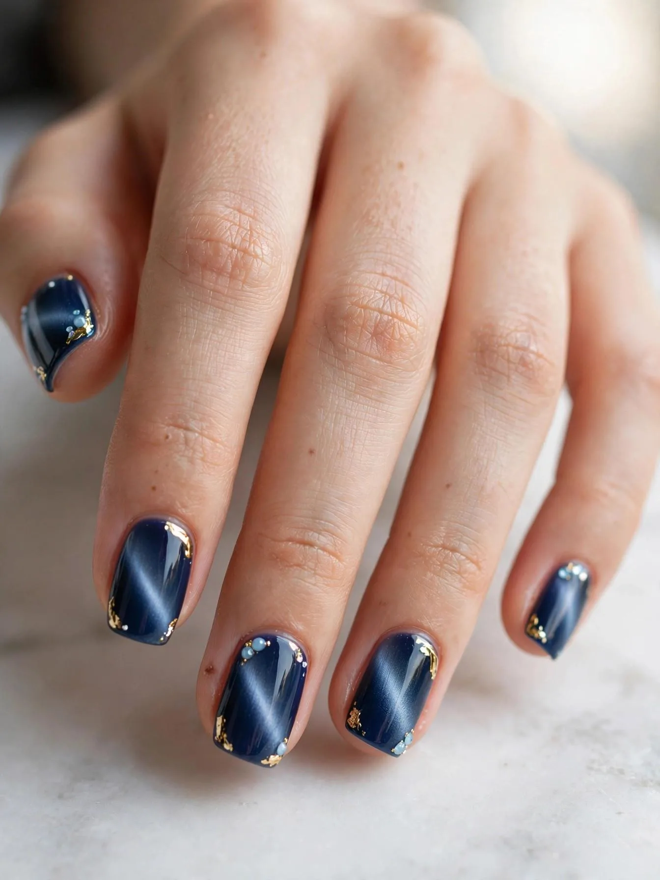 Short square nails with magnetic blue cat eye shimmer and gold chrome accents.