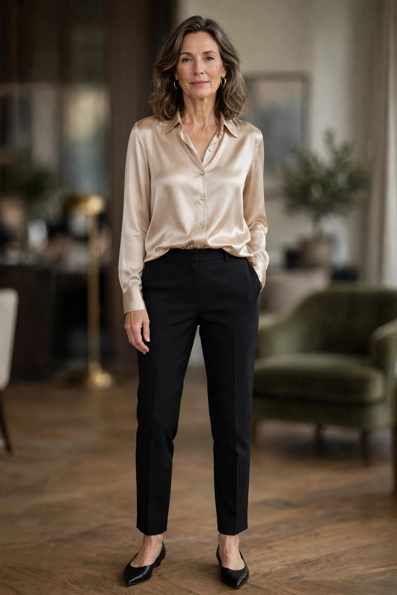 Woman over 50 in navy silk blouse and black trousers with red scarf