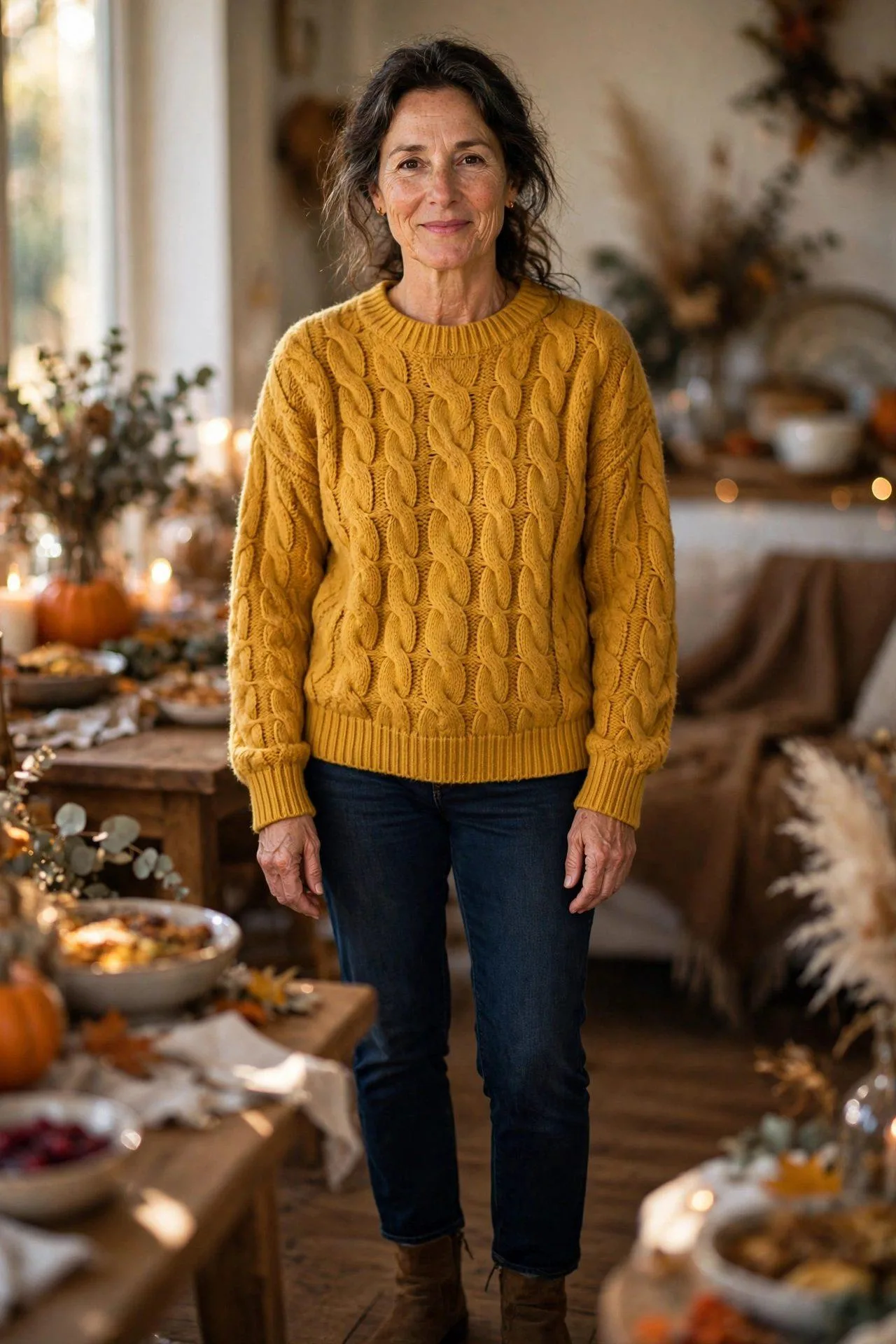 Woman over 50 in chunky cable-knit sweater and dark jeans.