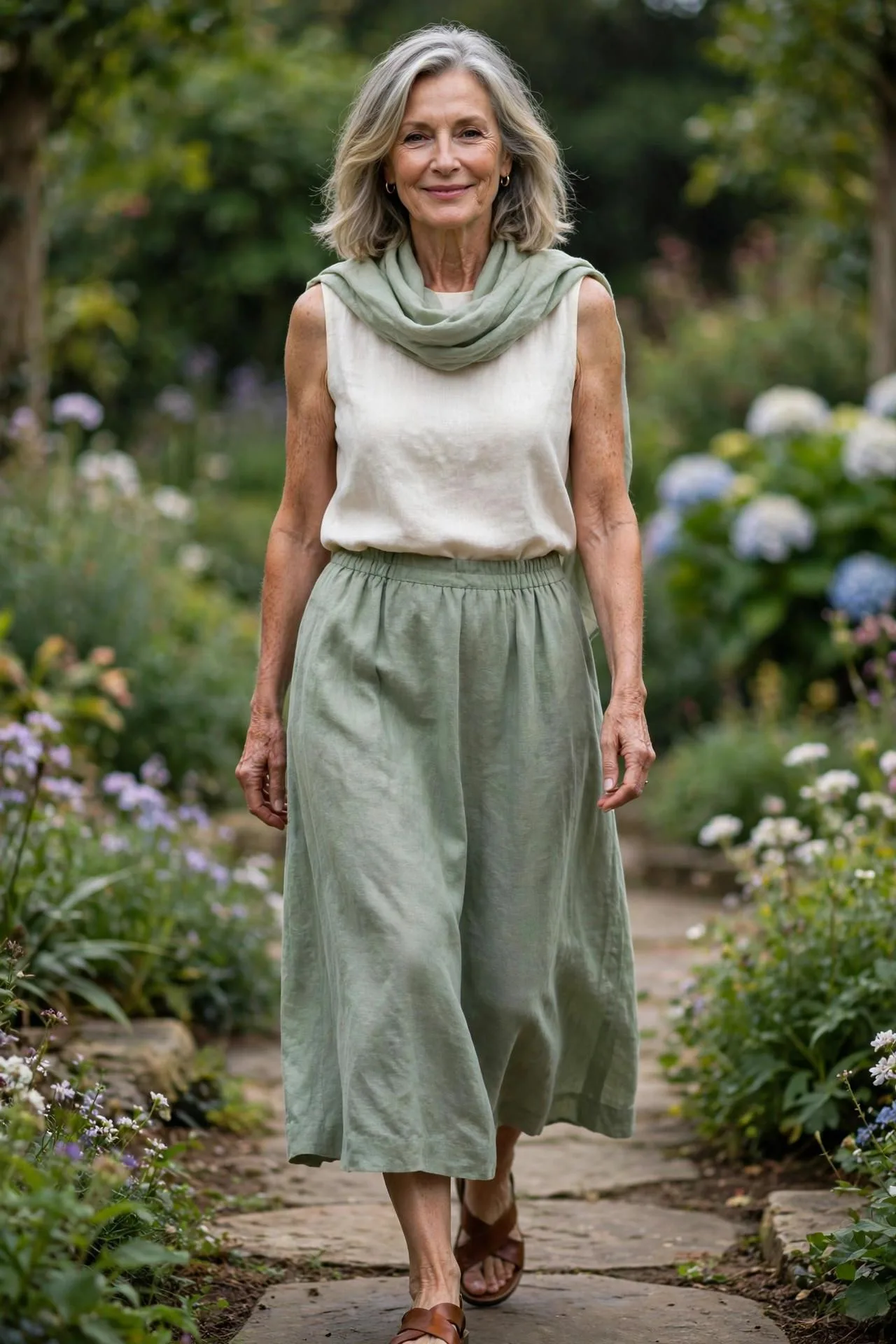 Lovely senior woman in soft green linen skirt with tucked-in light top