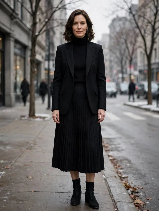 Black blazer layered over black turtleneck with pleated midi skirt and ankle boots.