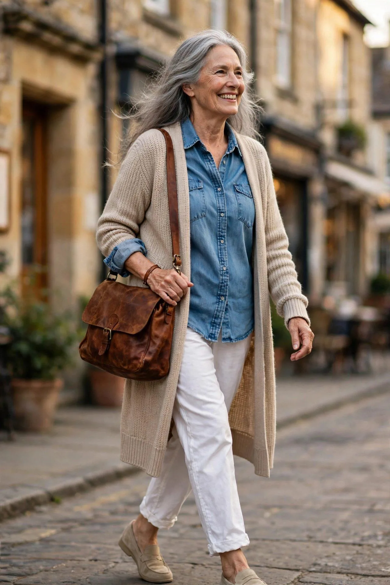 Self-possessed woman in her sixties with her beloved broken-in leather bag that feels unmistakably hers.