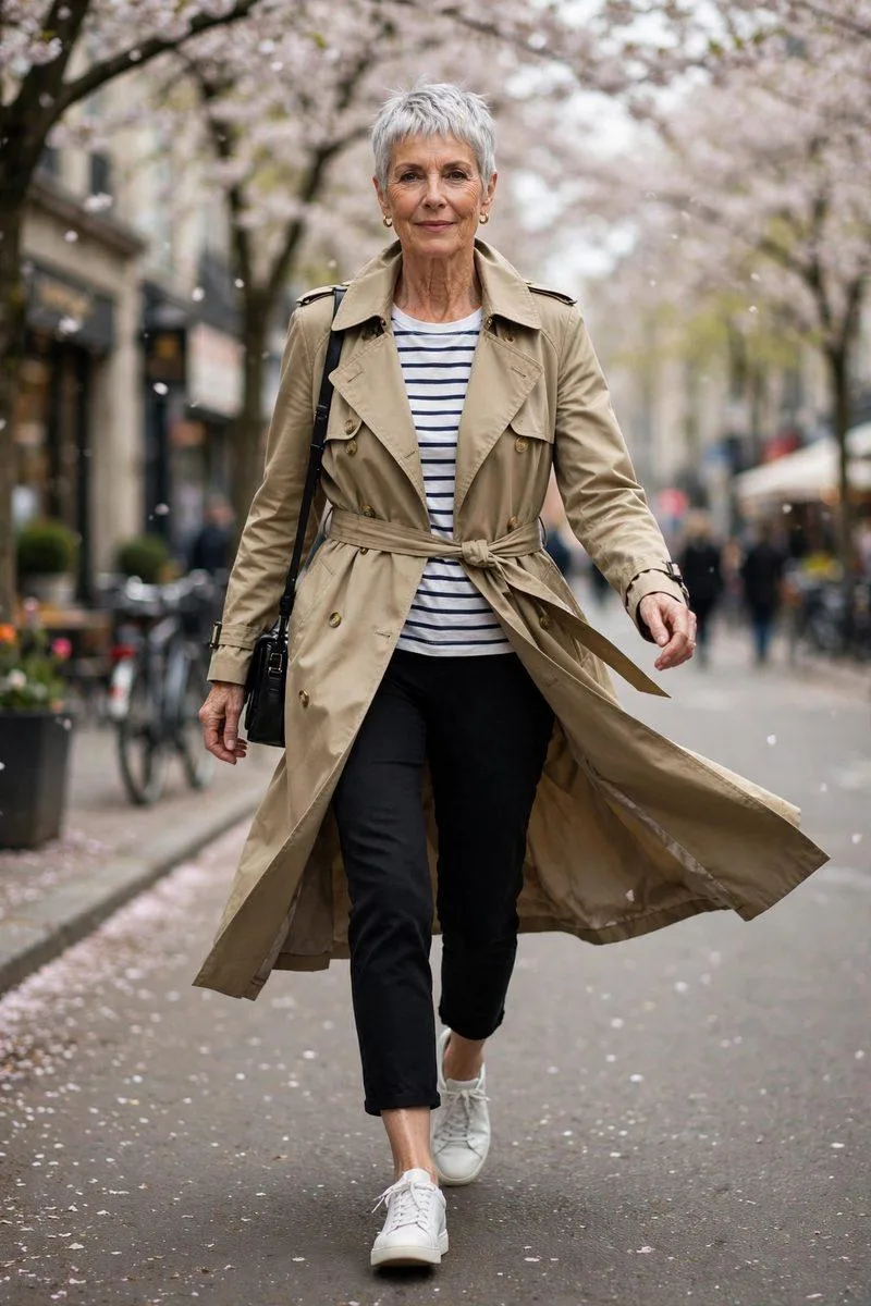 Mature woman with a chic silver pixie in a belted khaki trench over a navy-striped tee, black cropped pants and sneakers
