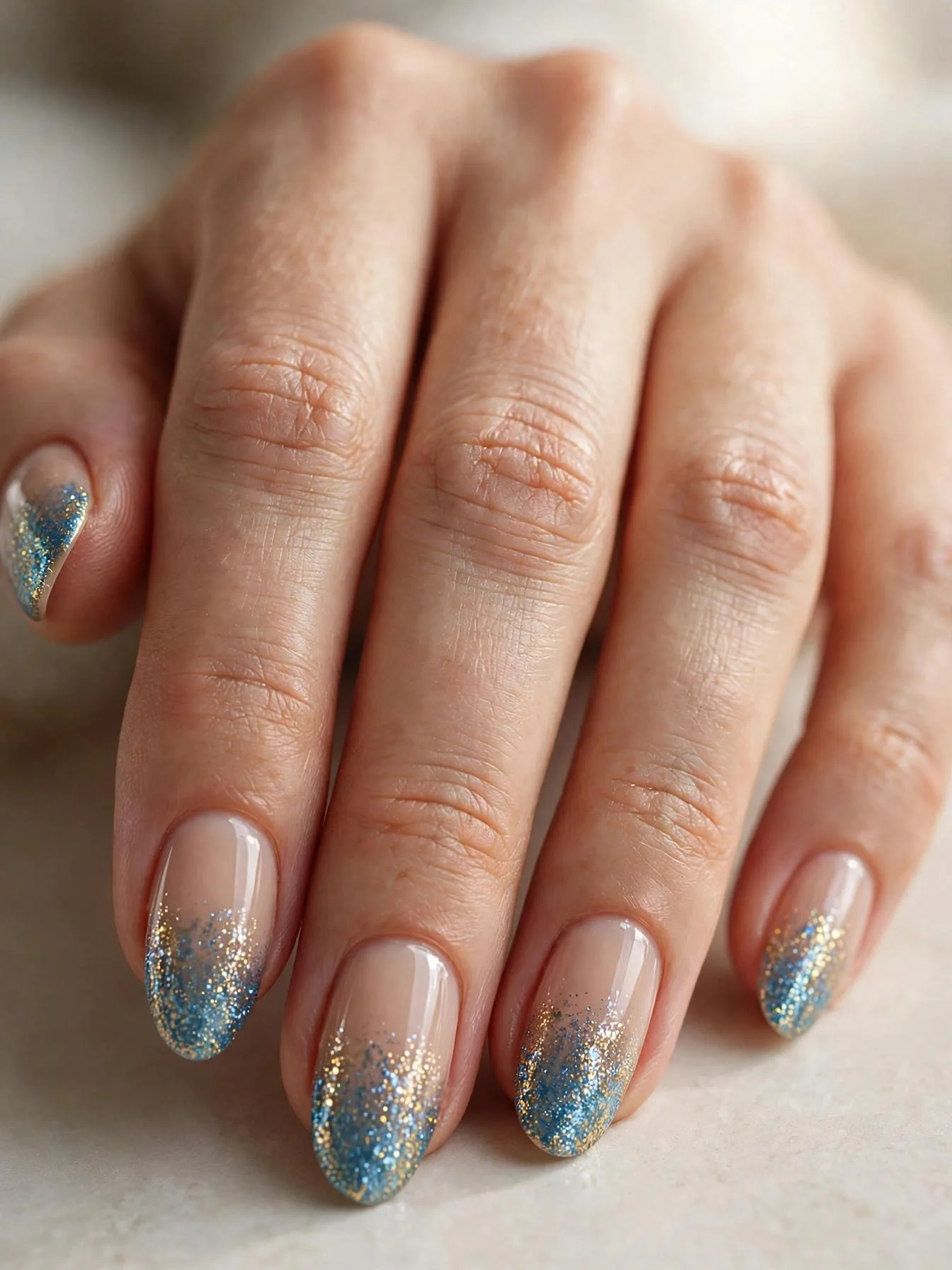 Medium nails with nude base melting into blue and gold glitter gradient tips.