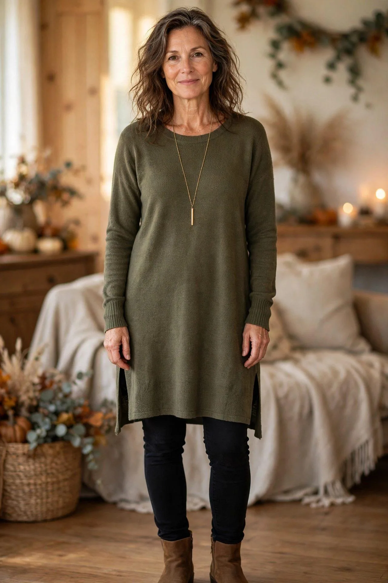 Woman over 50 in long tunic and dark jeggings with flats.