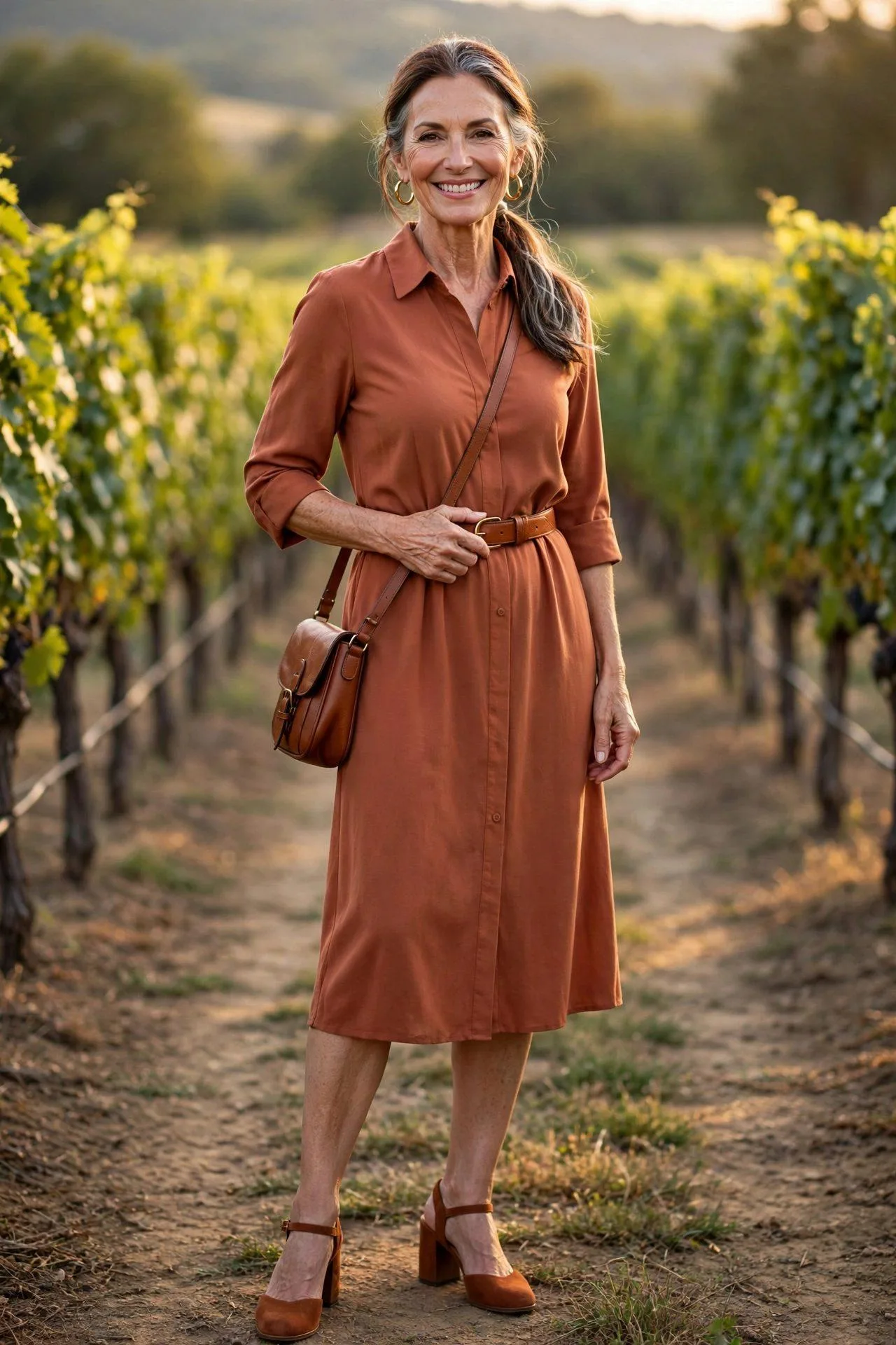 Glowing mature woman cinching terracotta dress with leather belt