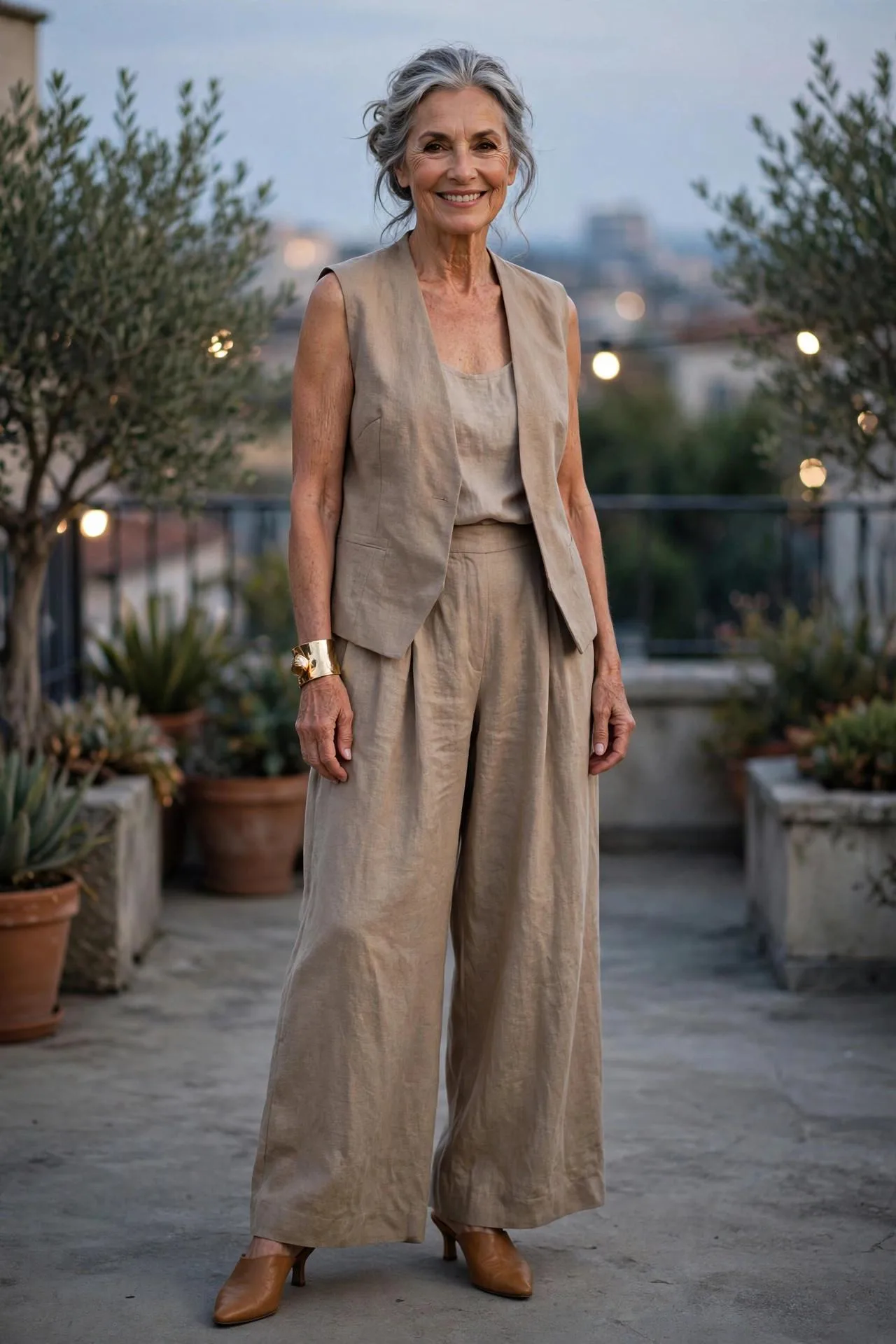 Striking mature lady in monochromatic sand linen vest and palazzo pants ensemble