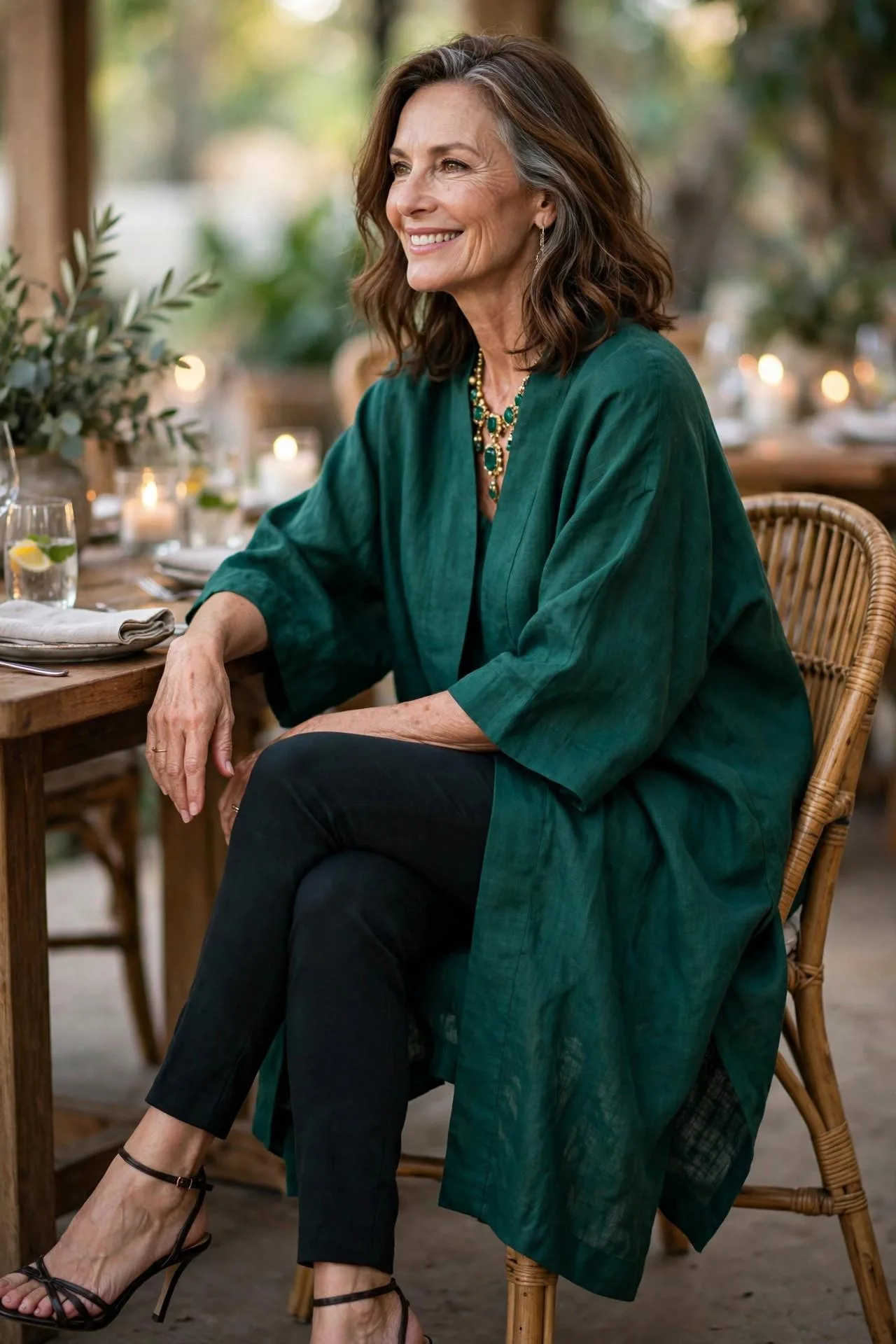 Regal mature woman in jewel-toned flowing linen caftan with dark leggings