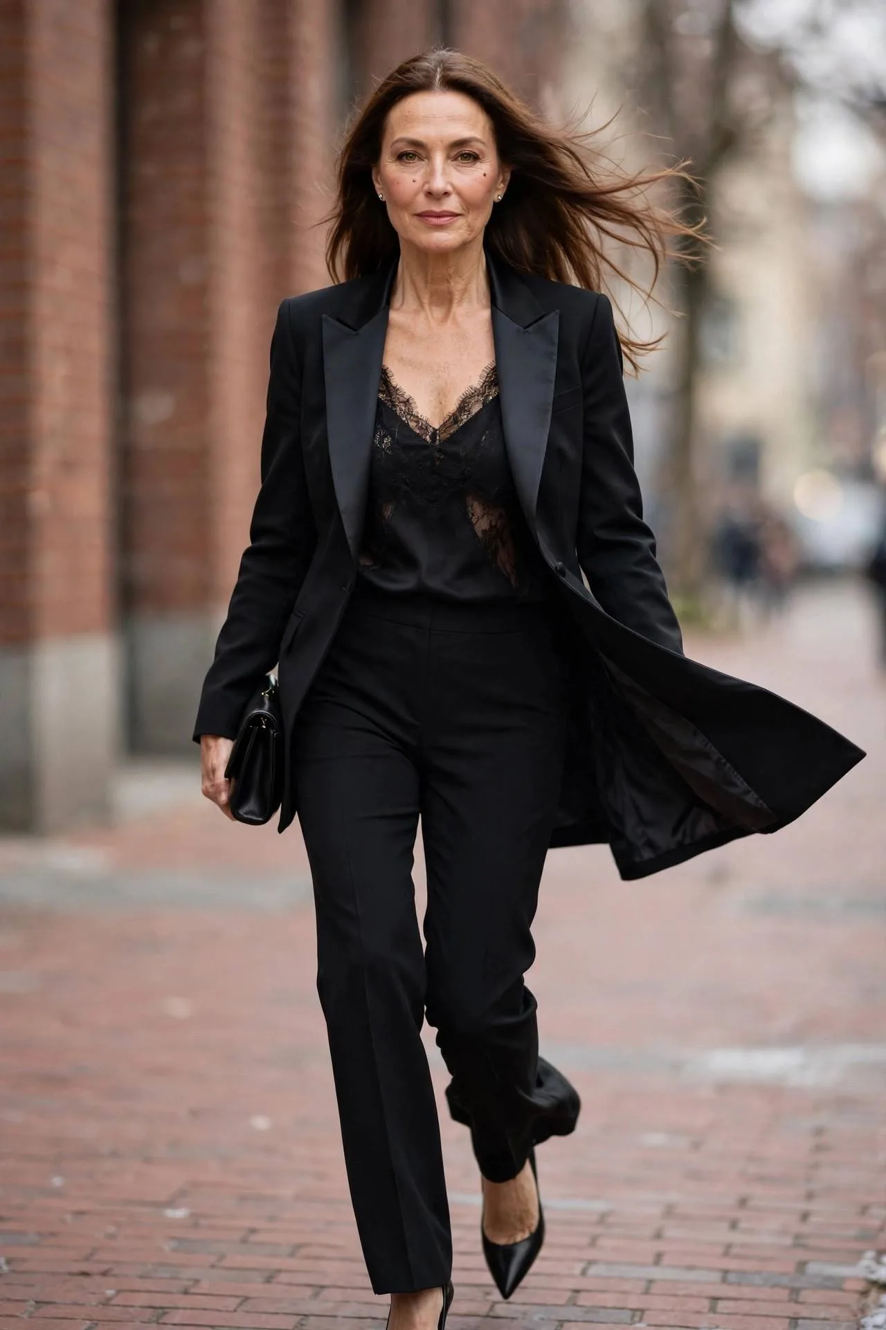 Confident older woman wearing black tuxedo-style pantsuit with satin lapels