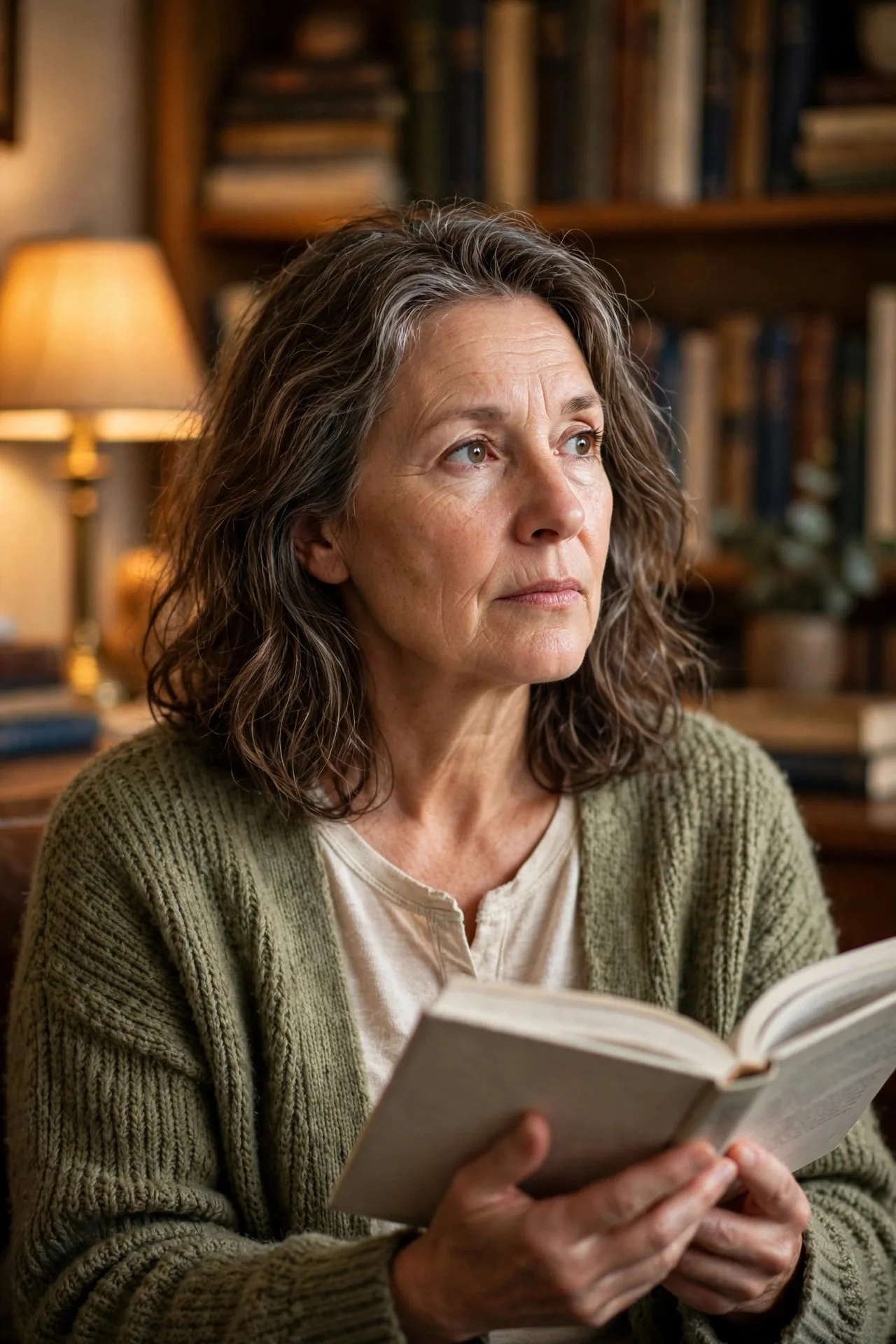 Thoughtful mature woman reading a book in a cozy armchair