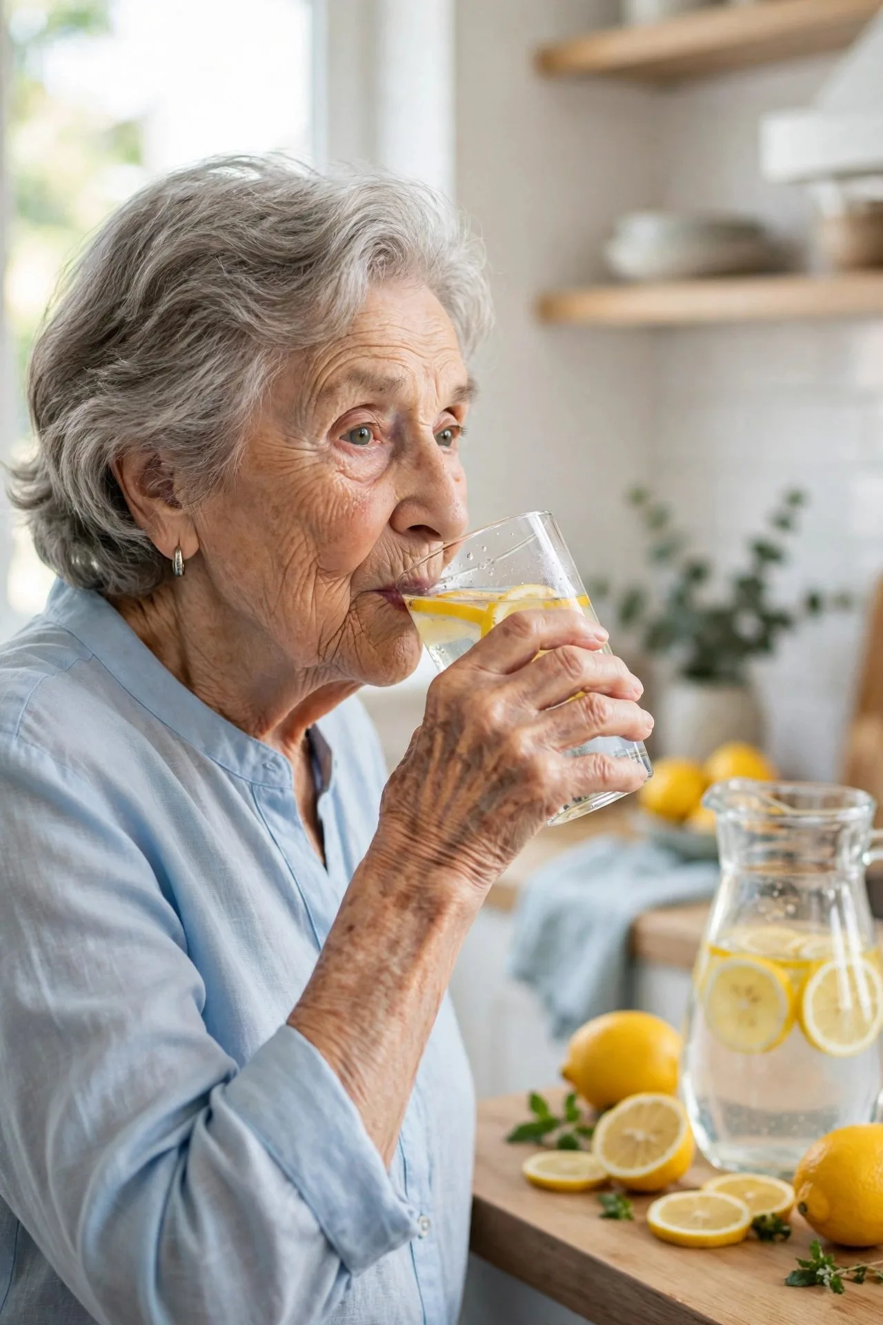 Older woman drinking a tall glass of water in her kitchen.