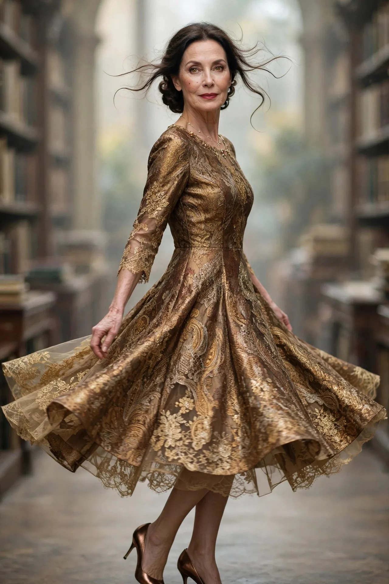 Bronze Brocade Beauty — A bronze-and-gold brocade A-line midi dress with three-quarter sleeves and a jewel neckline, worn with bronze metallic pointed-toe heels.