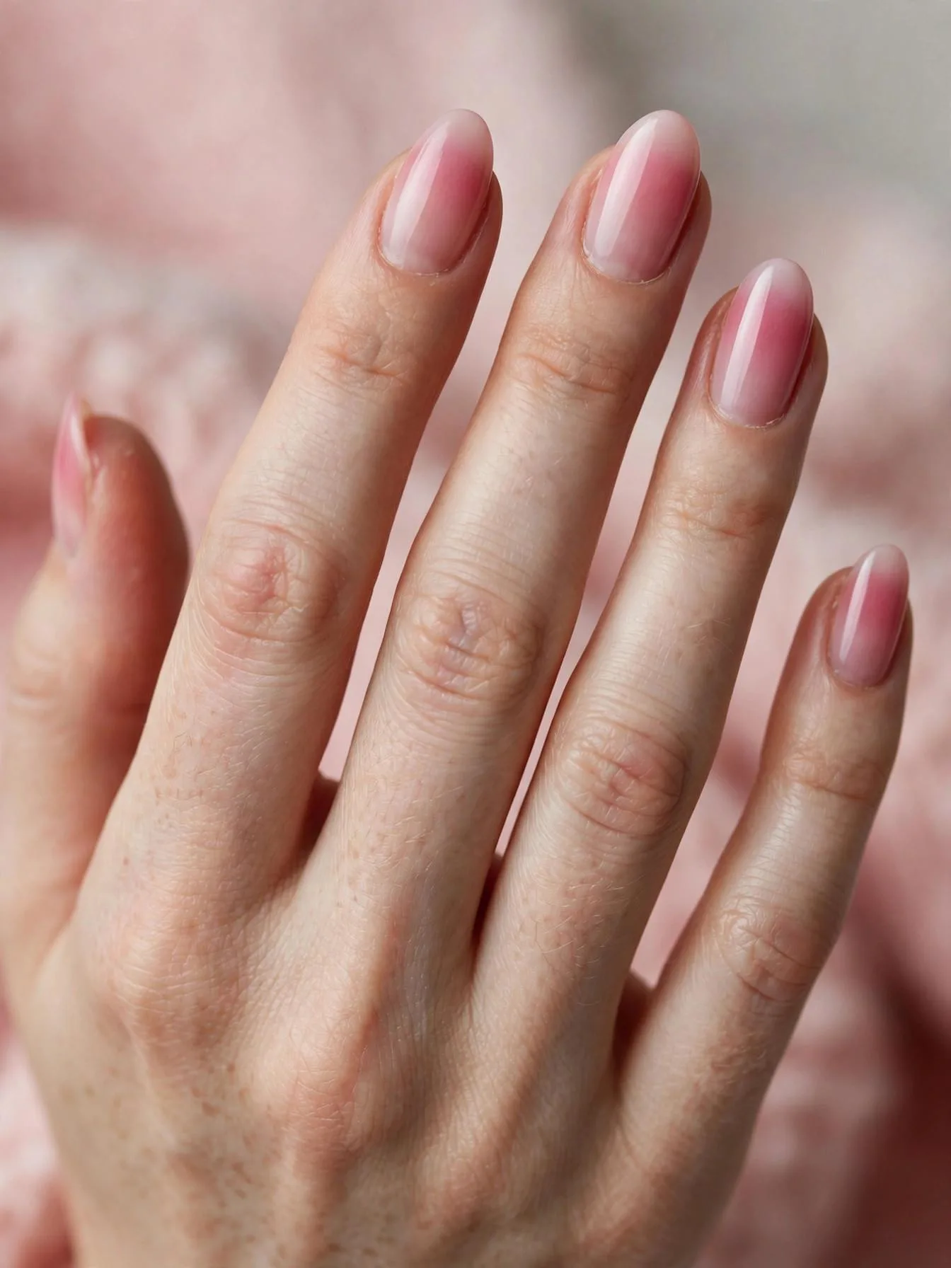 Almond nails showing a soft baby pink to deep pink ombre gradient.