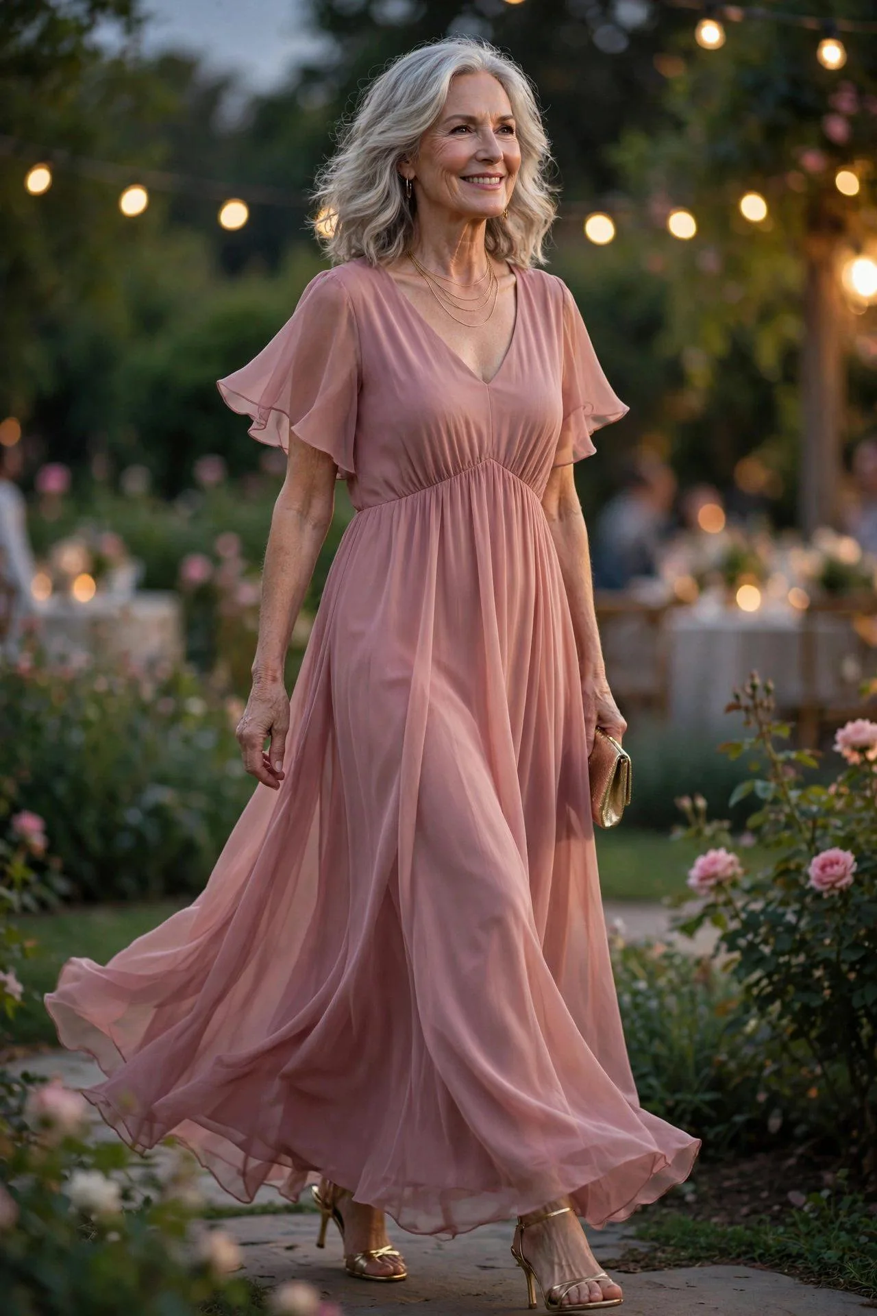 Serene older woman in a flowing dusty-rose chiffon maxi dress under string lights