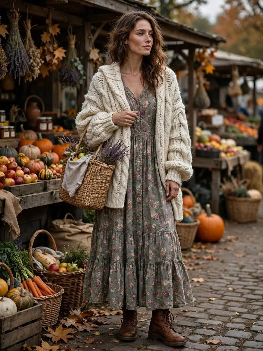 Prairie-style floral maxi dress layered with an oversized chunky knit cardigan.