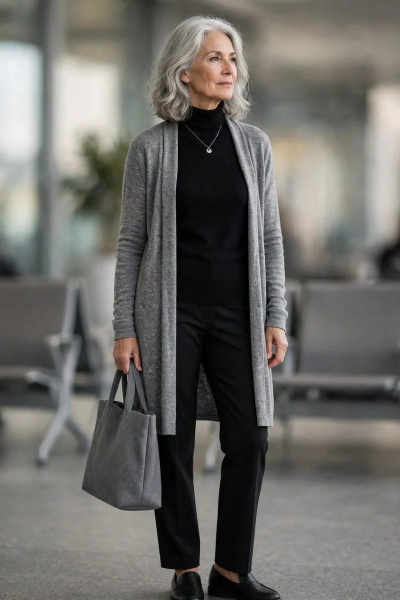 Woman in her mid-60s in an all-black turtleneck and trouser base with a heather grey open longline cardigan