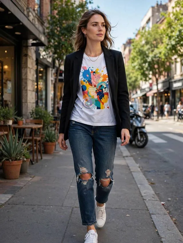 Black blazer over graphic tee with ripped dark jeans and white trainers.
