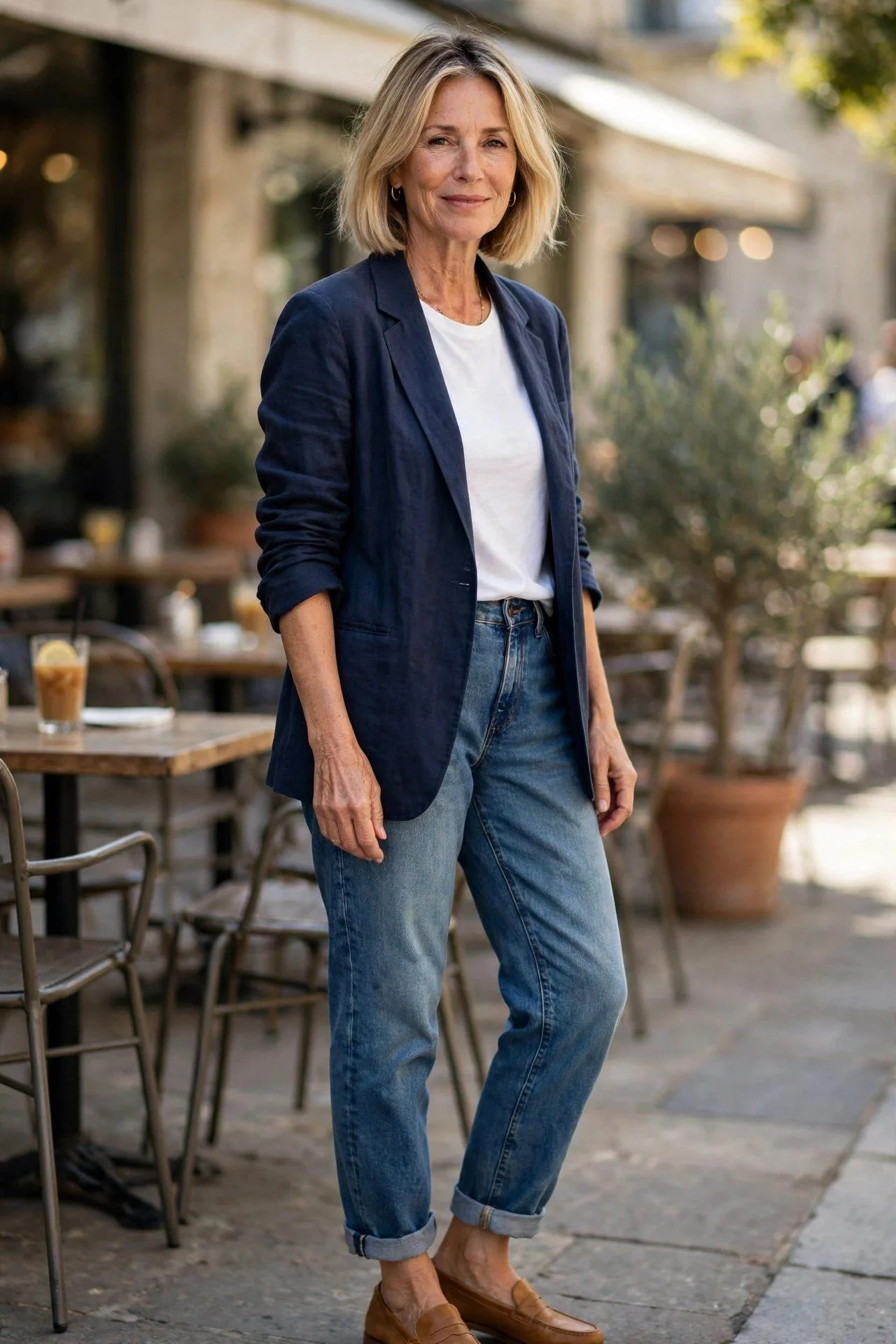 Smart-casual mature woman balancing relaxed boyfriend jeans with structured navy blazer