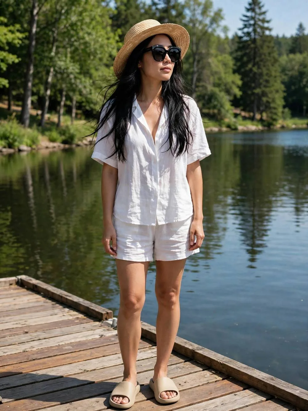 Woman in white linen short set and straw hat on a wooden lake dock.