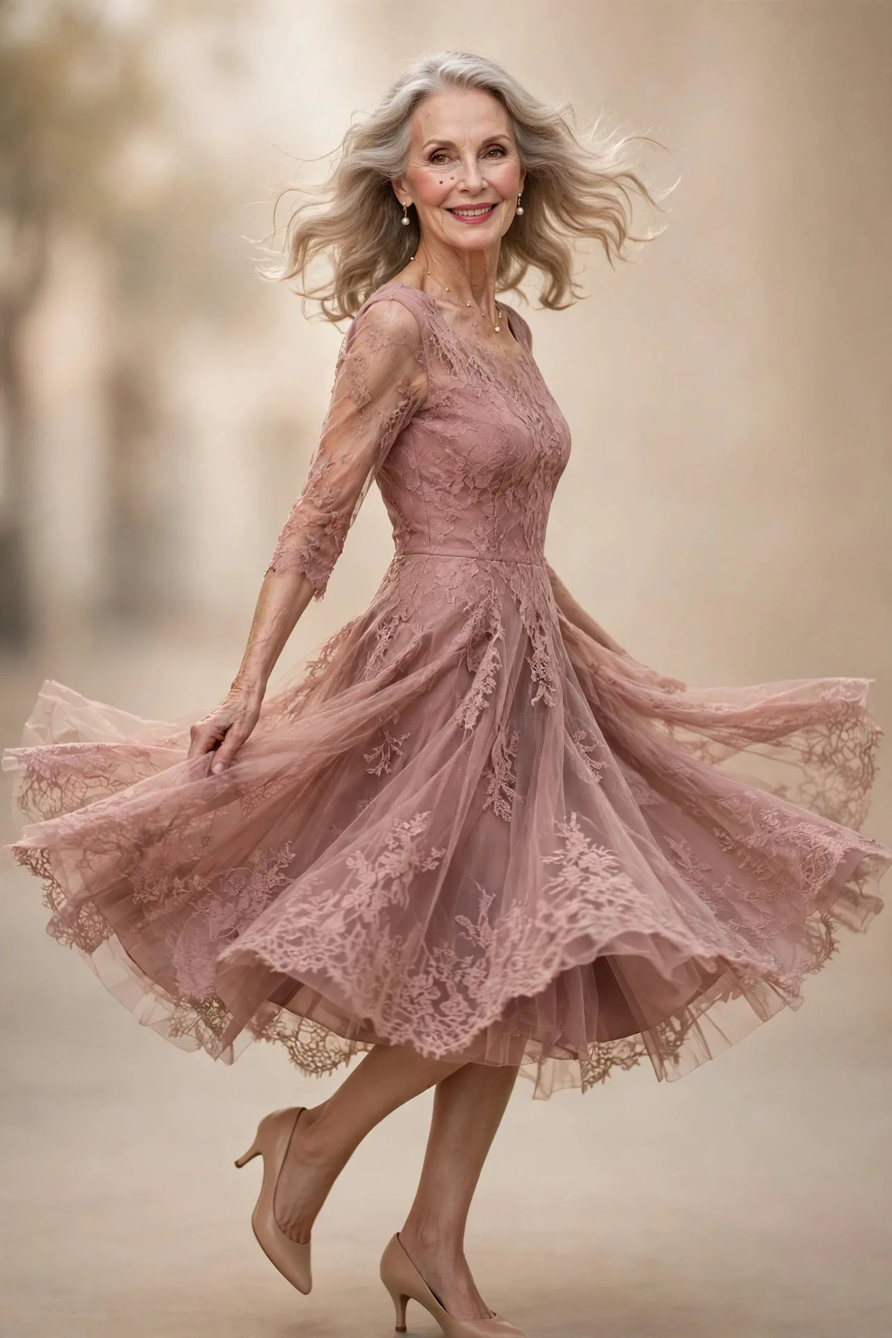 Timeless Tea Dress — A dusty-rose lace tea-length dress with a fitted bodice, defined waist and full skirt, worn with classic low-heel pumps and pearl earrings.