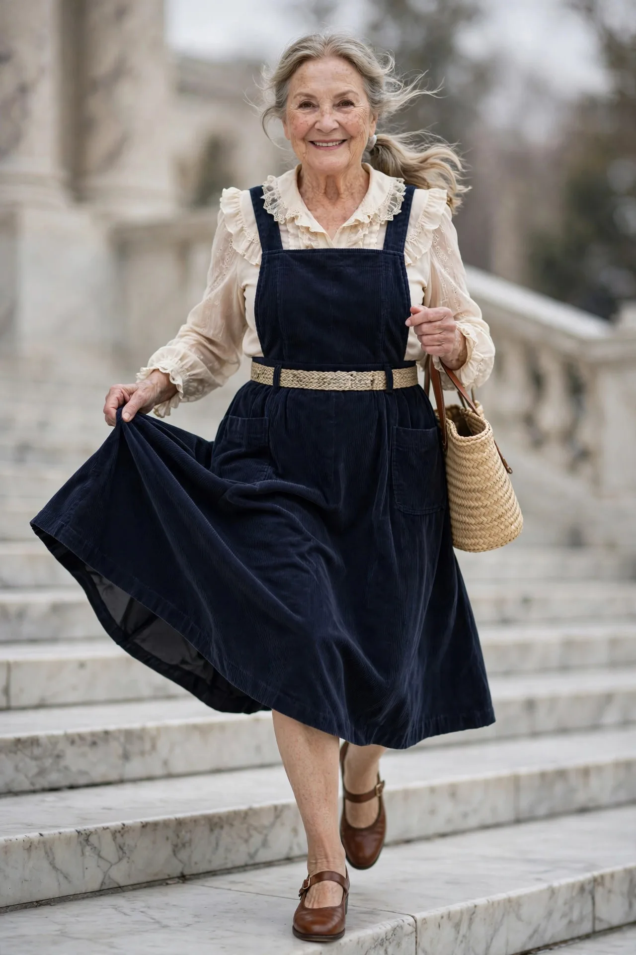Grandmillennial Pinafore — A navy corduroy pinafore dress worn over a cream ruffled blouse, with leather Mary Janes and a woven belt.