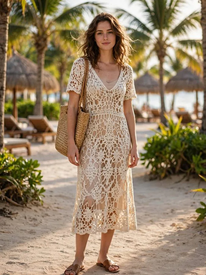 A woman in a cream crochet midi dress with a straw bag.