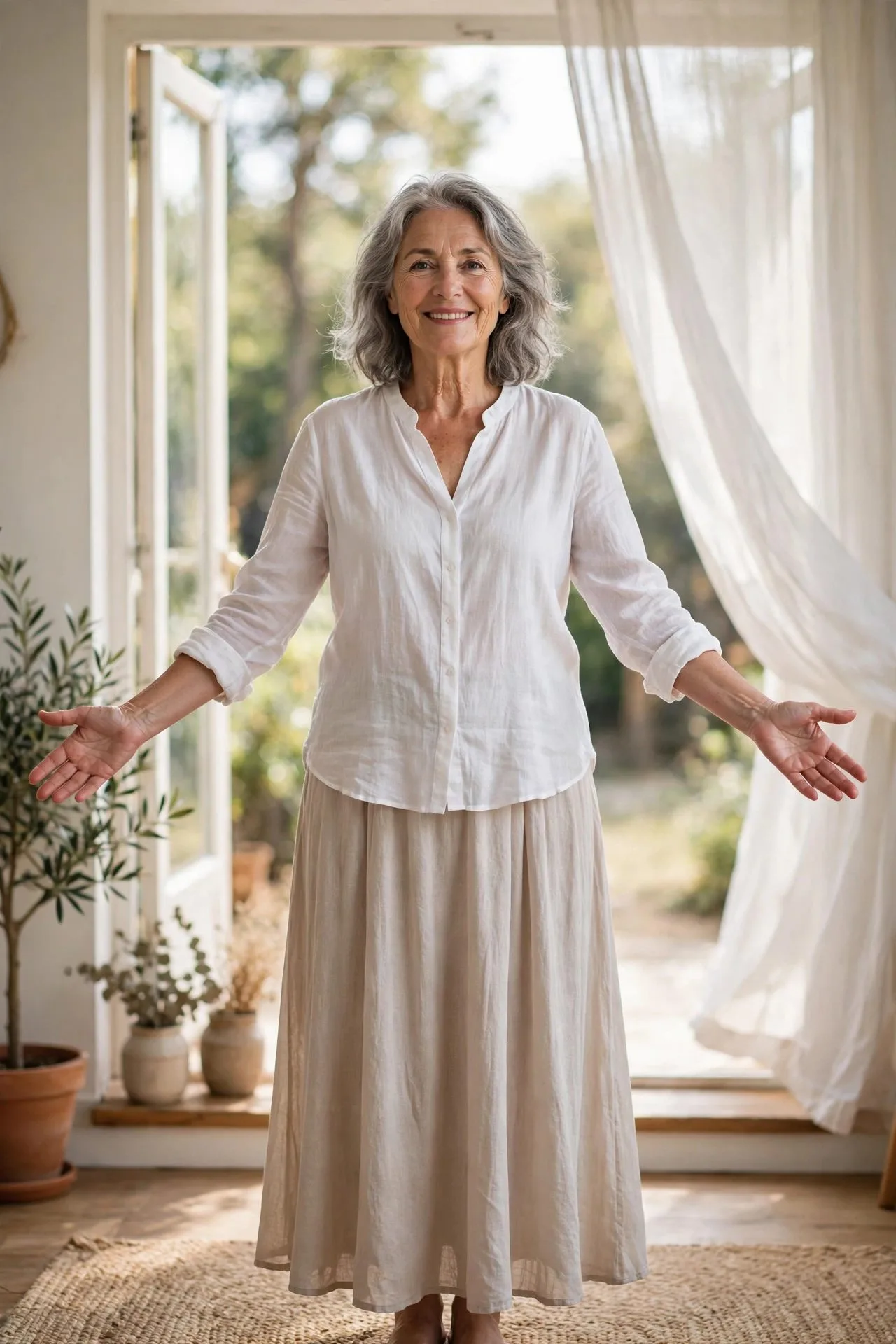Woman over 60 introducing herself at art class smiling