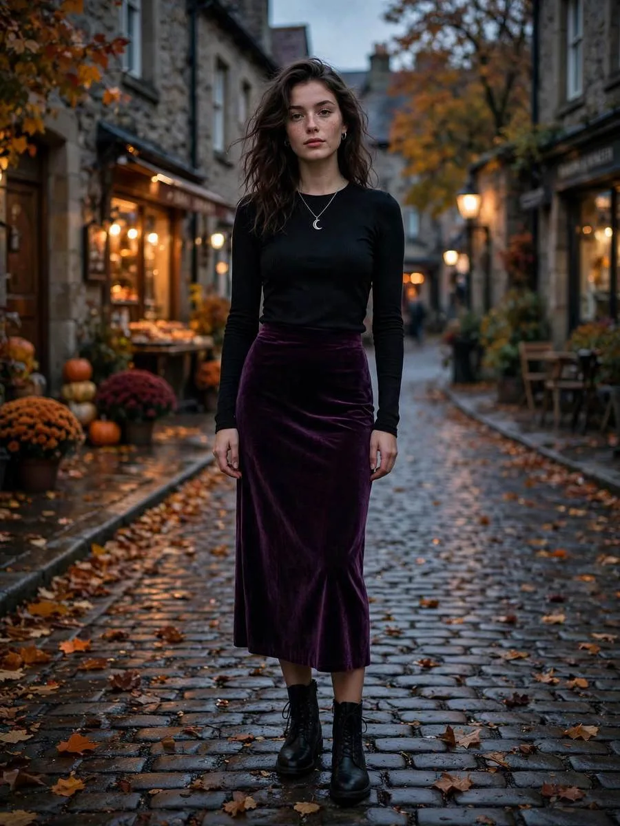 Woman wearing a deep purple velvet midi skirt with black top and lace-up boots.