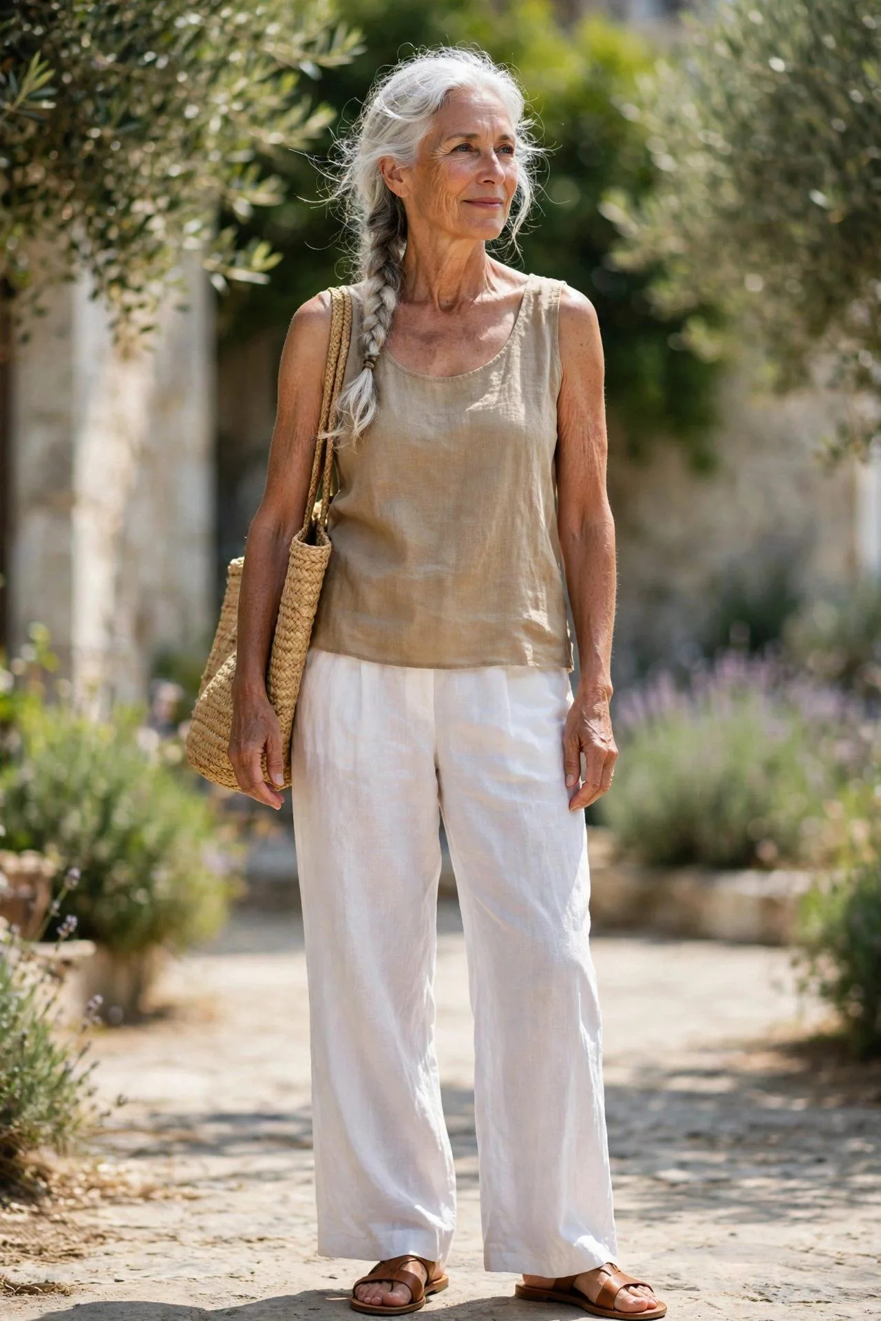 Senior lady in airy white linen palazzo pants with neutral sleeveless top