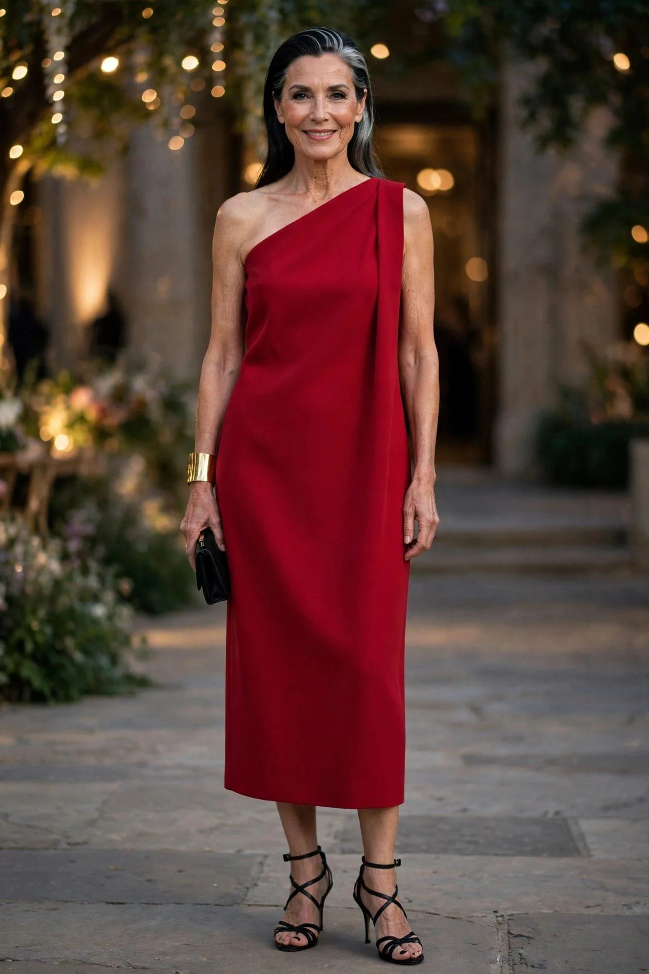 Bold woman over fifty in a striking ruby one-shoulder column dress