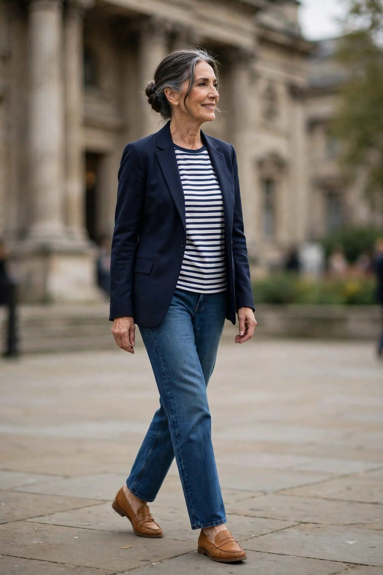 Parisian-inspired mature woman in striped tee, blazer and denim
