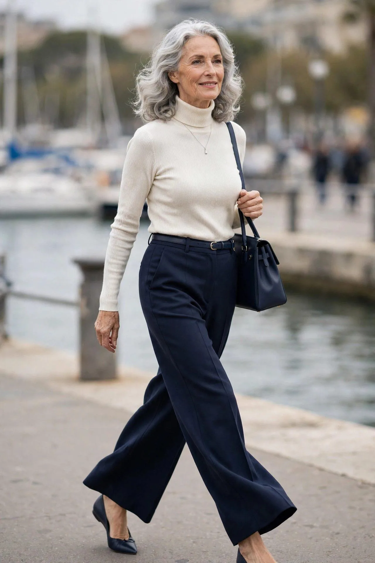 Ageless woman embracing modern wide-leg navy pants with ivory knit