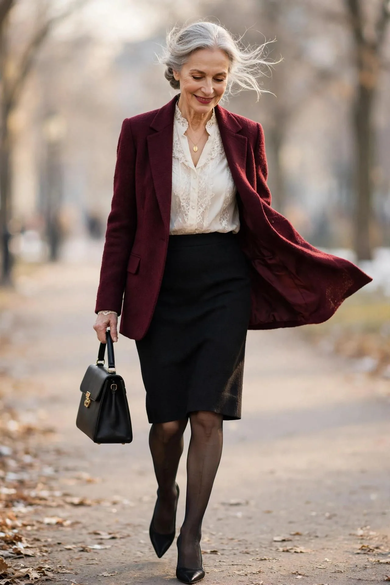Radiant mature woman in burgundy blazer, ivory blouse and black pencil skirt at office.