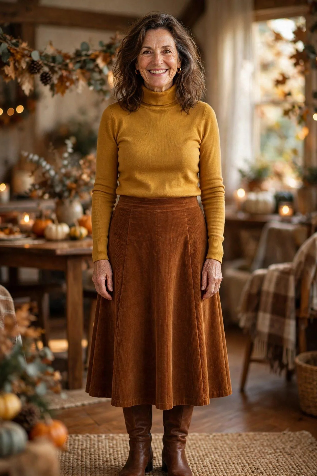 Woman over 50 in rust corduroy skirt and mustard turtleneck.