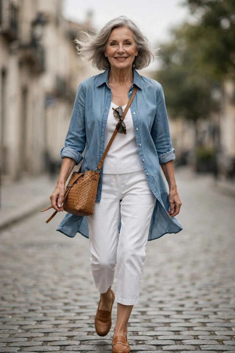 Woman over fifty in chambray shirt and white capris with loafers sightseeing