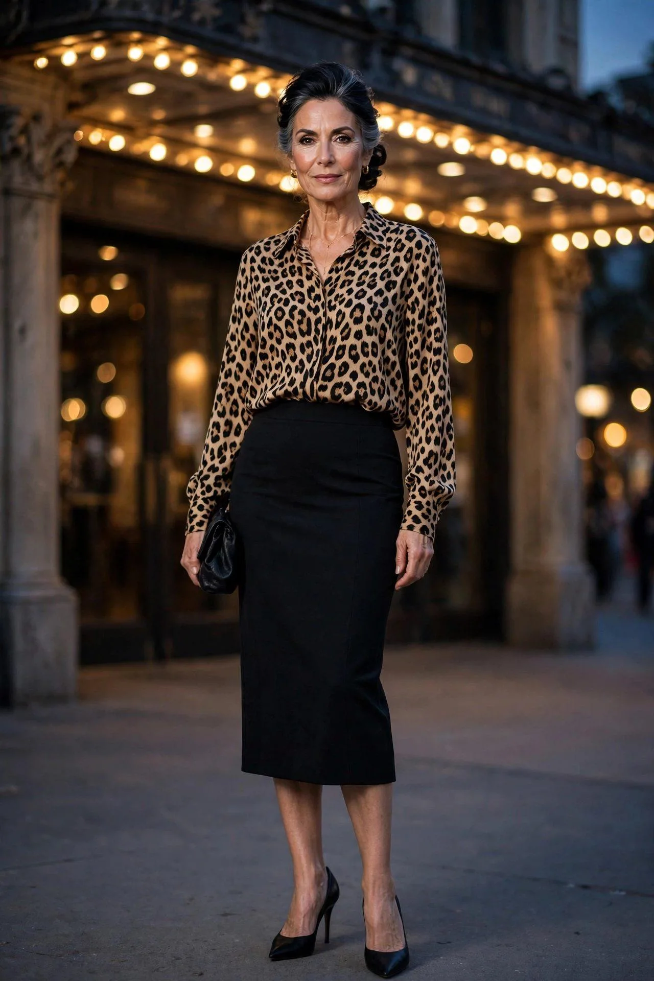 Chic woman in black pencil skirt with leopard blouse.