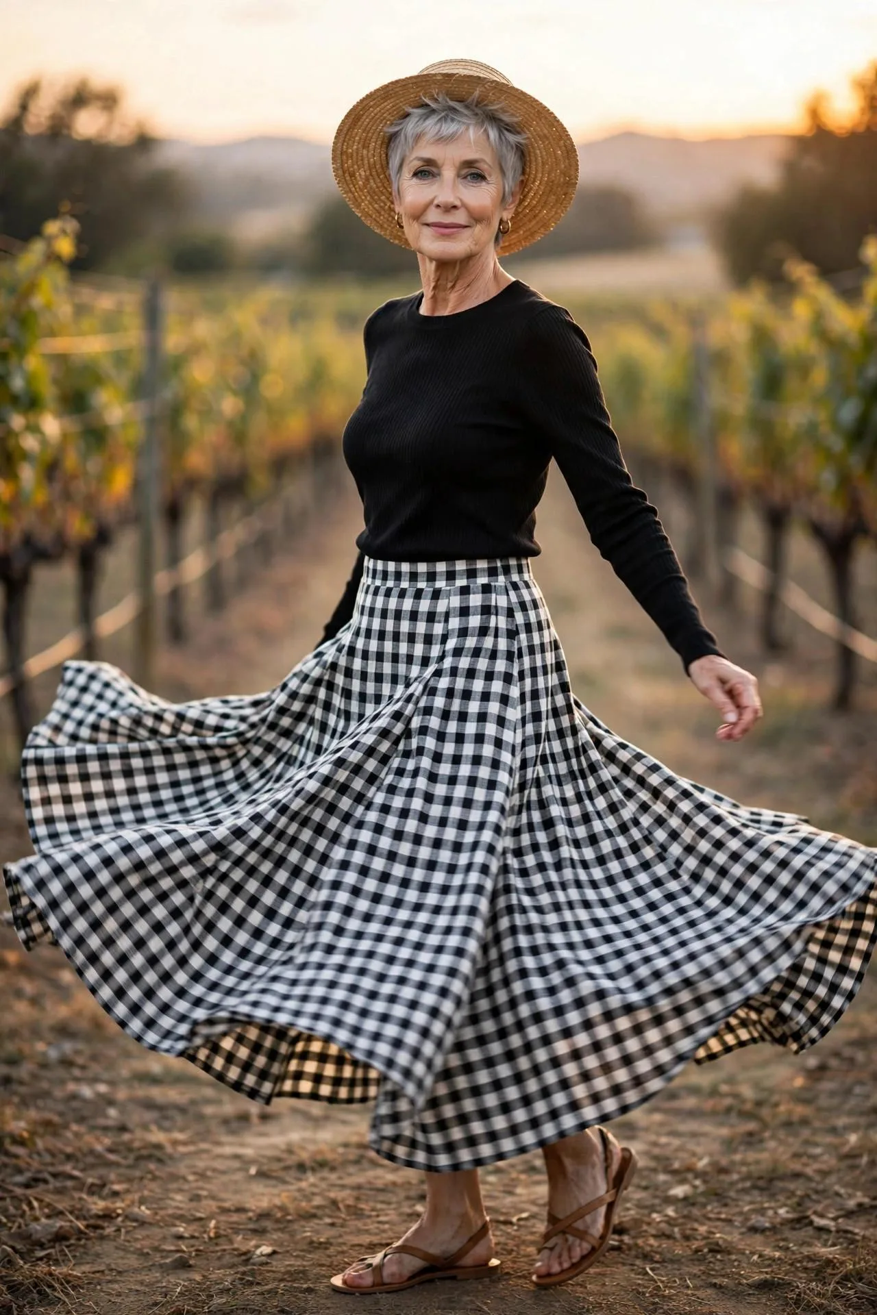 Joyful woman twirling in gingham check linen maxi skirt with black top